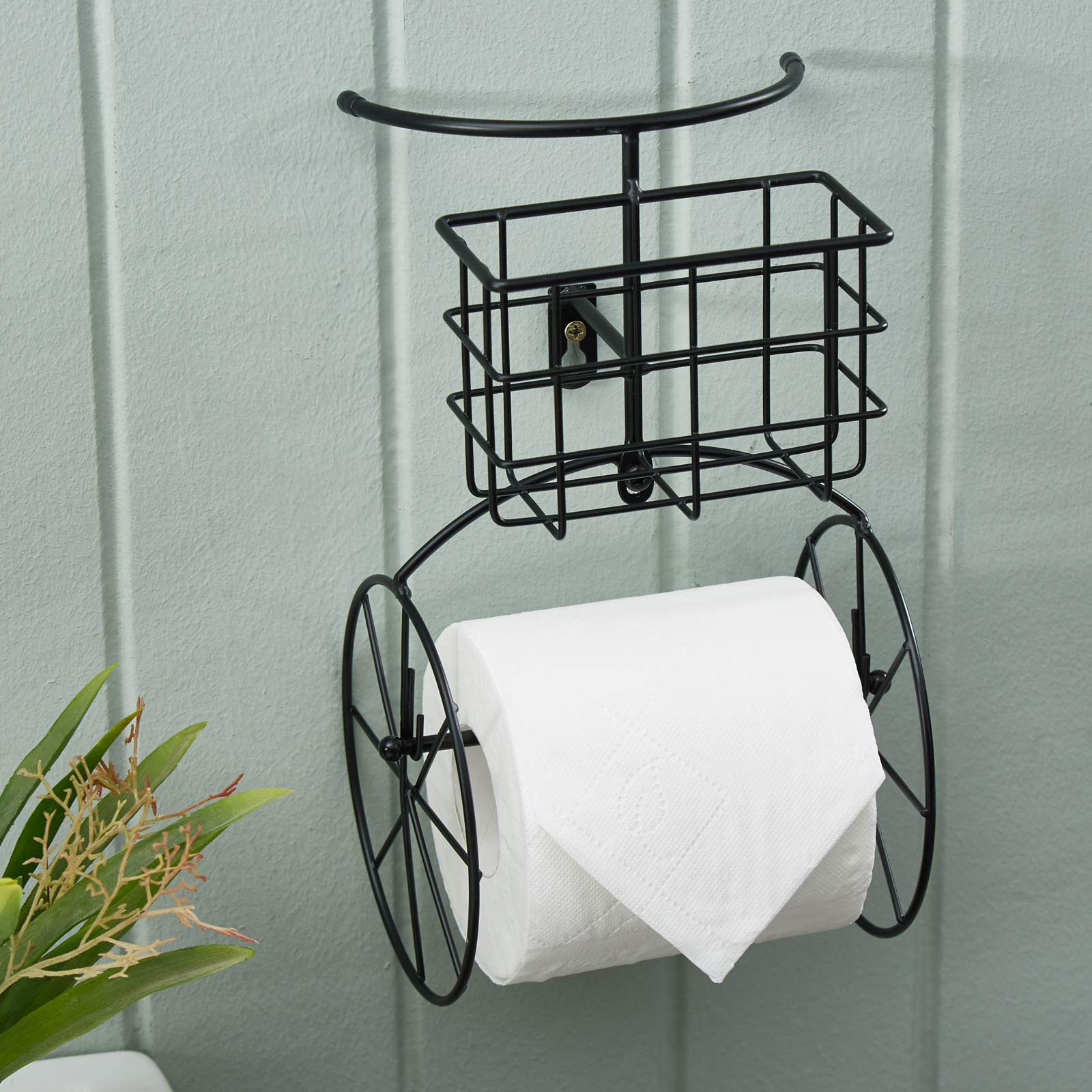 Jancin Black Metal Bicycle Toilet Paper Holder with Shelf - Bathroom Storage Wall Mount Paper Towel Rack & Phone Holder - Perfect for Small Spaces, RV, Apartment & Farmhouse Decor