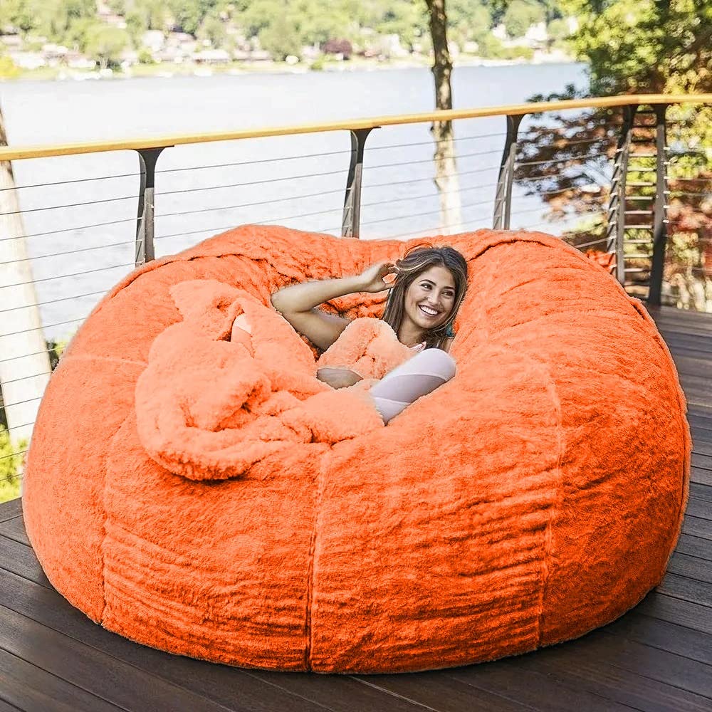 Giant Fluffy Faux Fur Bean Bag Chair Cover - Soft Round Lazy Sofa Bed Lounger for Living Room, Bedroom & Dorm (Orange) | Perfect for Relaxing, Gaming & Movie Nights
