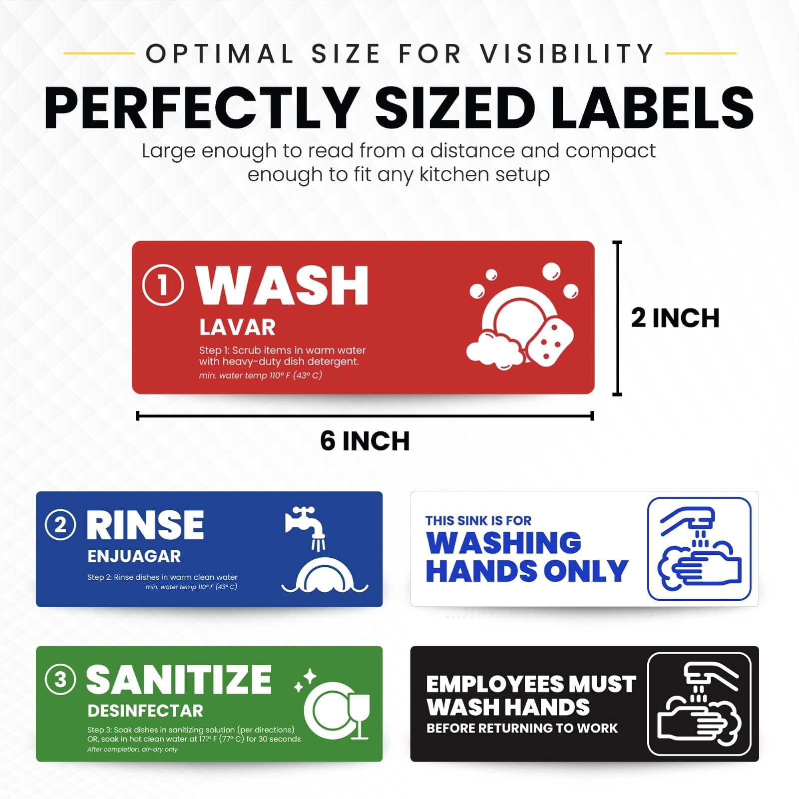 Premium Wash Rinse Sanitize Sink Labels - Hand Washing Signs for Restaurants & Food Service | 3 Compartment Sink Stickers | Dishwashing Training Labels | Employee Must Wash Hands Reminder (6 Pack, 2x6 Inch) - Perfect for Commercial Kitchens, Cafeterias & Food Safety Compliance