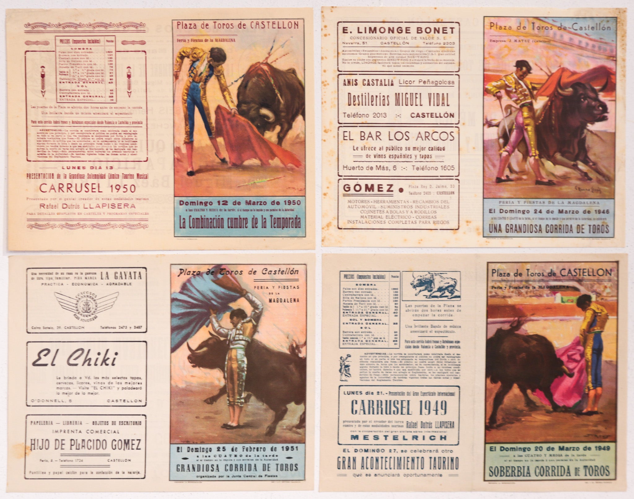 Vintage 1940s Spanish Bullfighting Poster Set of 4 - Plaza de Toros Valencia Art Prints - Classic Bullfight Decor for Home, Office & Bar Wall Art