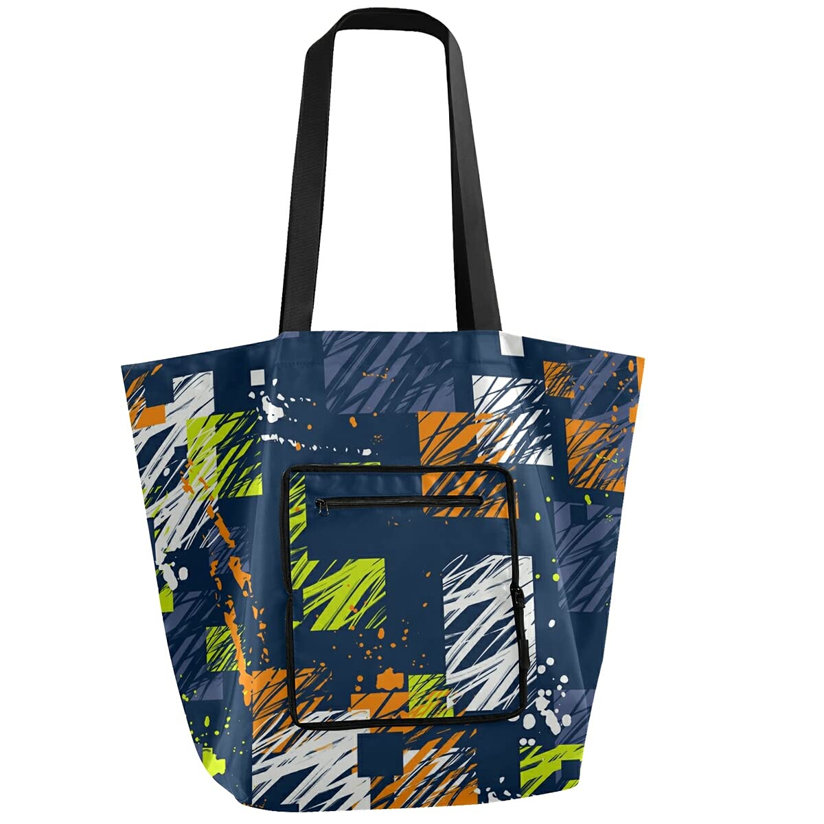 Abstract Grunge Squares Reusable Grocery Tote Bag - Foldable Waterproof Shopping Bag for Women - Washable & Durable with Handles - Perfect for Groceries, Camping, Travel, Beach & Gift Giving
