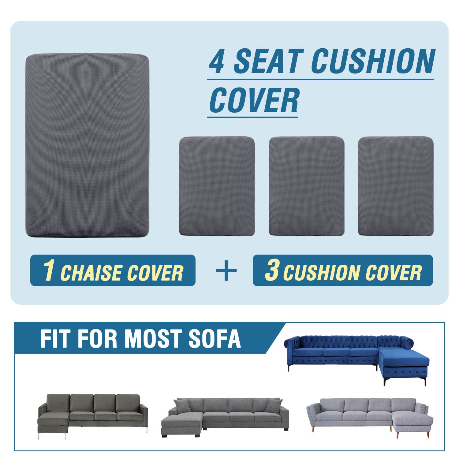 H.VERSAILTEX 4-Piece L-Shaped Sectional Sofa Cover Set - Reversible Left/Right Chaise & Cushion Covers (Grey) - Perfect for Living Room, Family Room & Home Theater Seating Protection