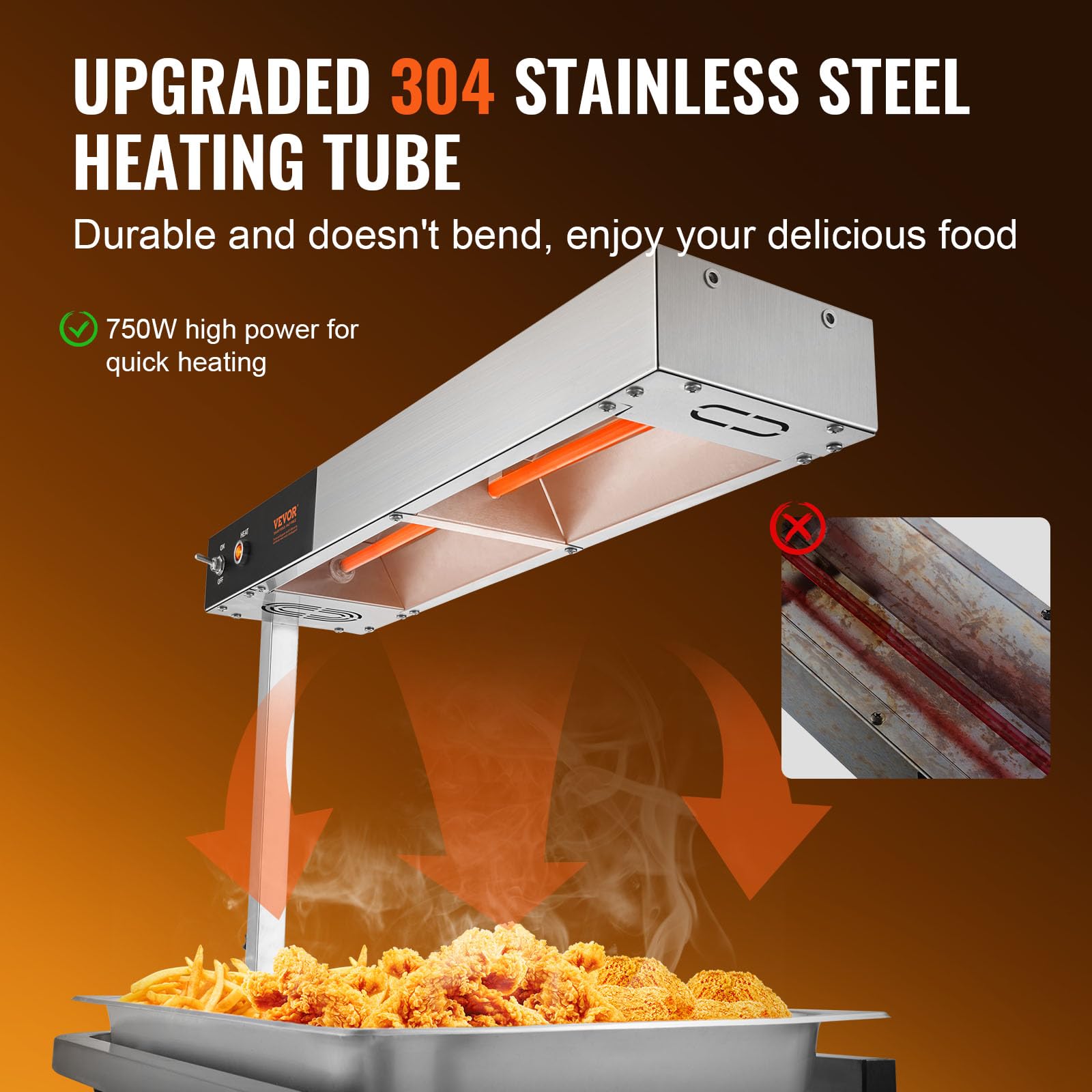 VEVOR 750W Commercial French Fry Warmer - Stainless Steel Electric Food Heating Lamp with Adjustable Temperature 104-122°F - Perfect for Chip Buffet, Restaurant Kitchen Countertop & Fast Food Service Stations - Silver