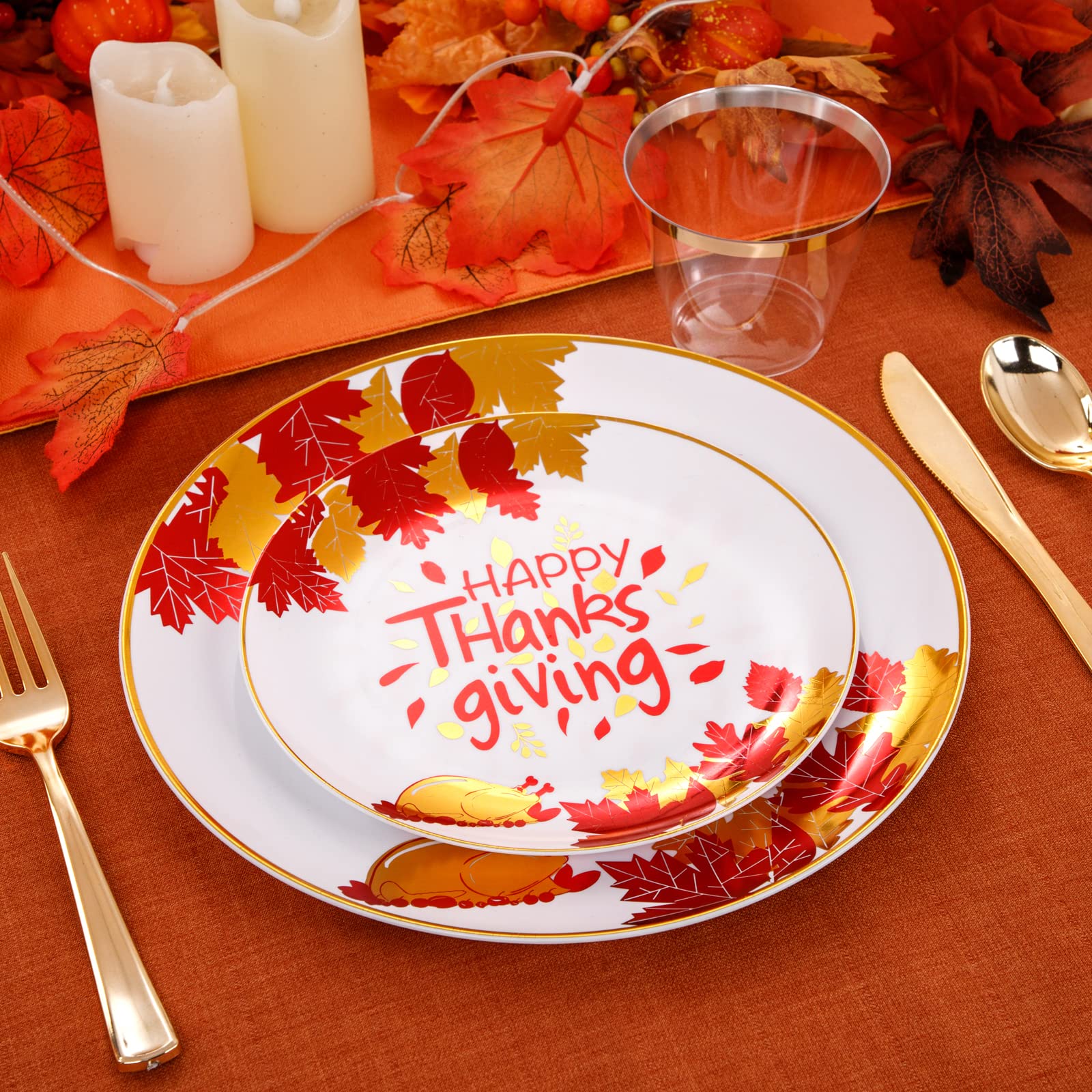 175-Piece Thanksgiving Plastic Dinnerware Set - Gold Disposable Plates, Dessert Plates, Napkins & Cups for Holiday Parties, Family Gatherings & Festive Celebrations