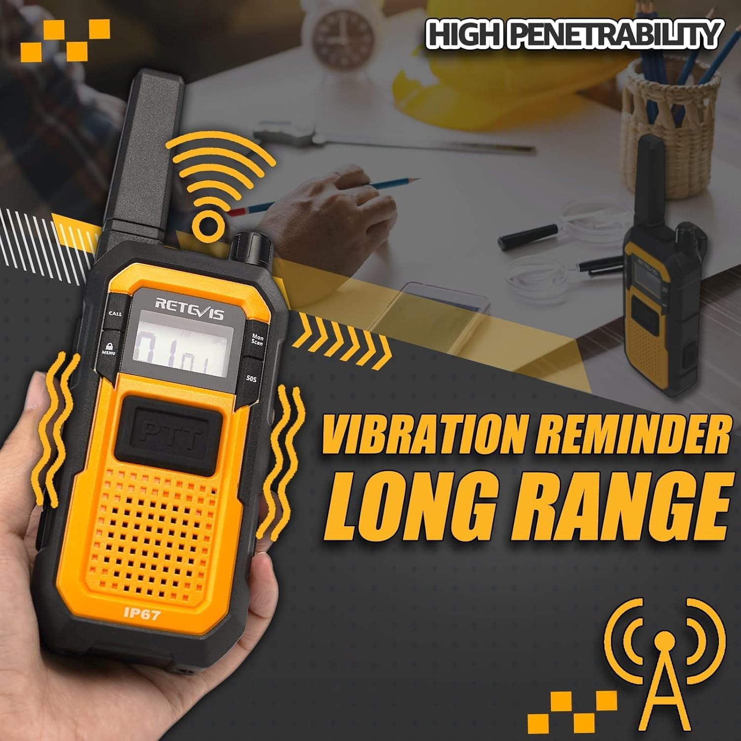 Retevis RB48 Waterproof Walkie Talkies - Heavy Duty Two Way Radios with Advanced Triple Proof, Vibration Call, USB-C Charging, SOS Function & NOAA Weather Alerts (2000mAh Battery, 2-Pack, Yellow) - Ideal for Outdoor Adventures, Construction Sites & Emergency Communication