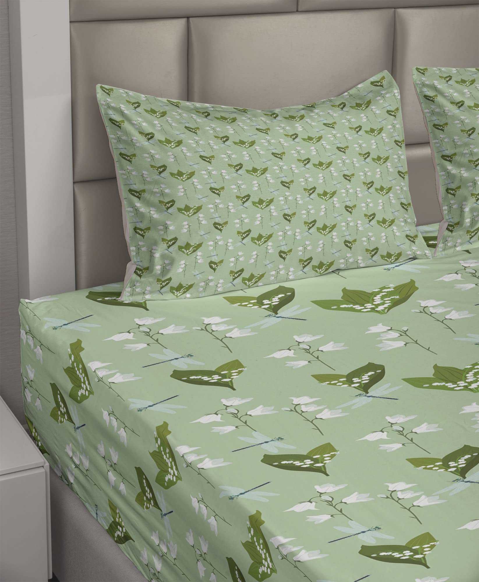 Ambesonne Floral King Sheet Set - Dragonflies & Campanula Flowers Wild Nature Design, 4-Piece Bedding Set with Fitted Sheet, Flat Sheet & Pillowcases in Pale Green & Blue | Perfect for Master Bedroom, Guest Room & Bohemian Home Decor