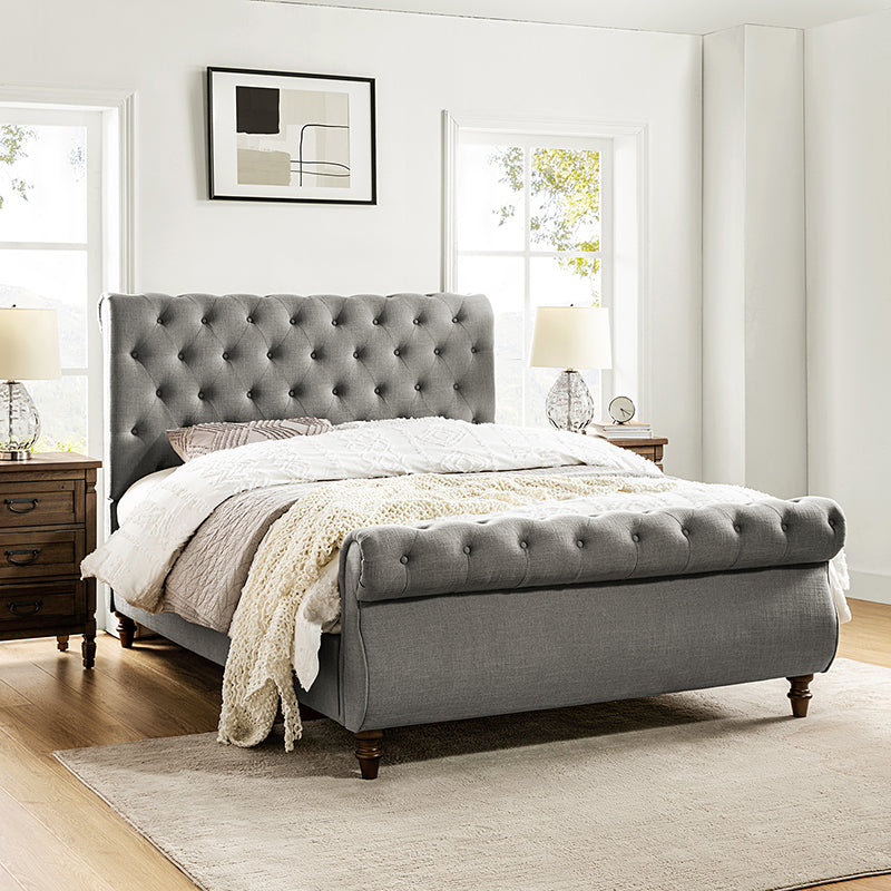 Deirdre Upholstered Sleigh Platform Bed - Queen Size with Solid Wood Frame & Luxe Fabric Headboard - Perfect for Modern Bedroom & Guest Room Decor