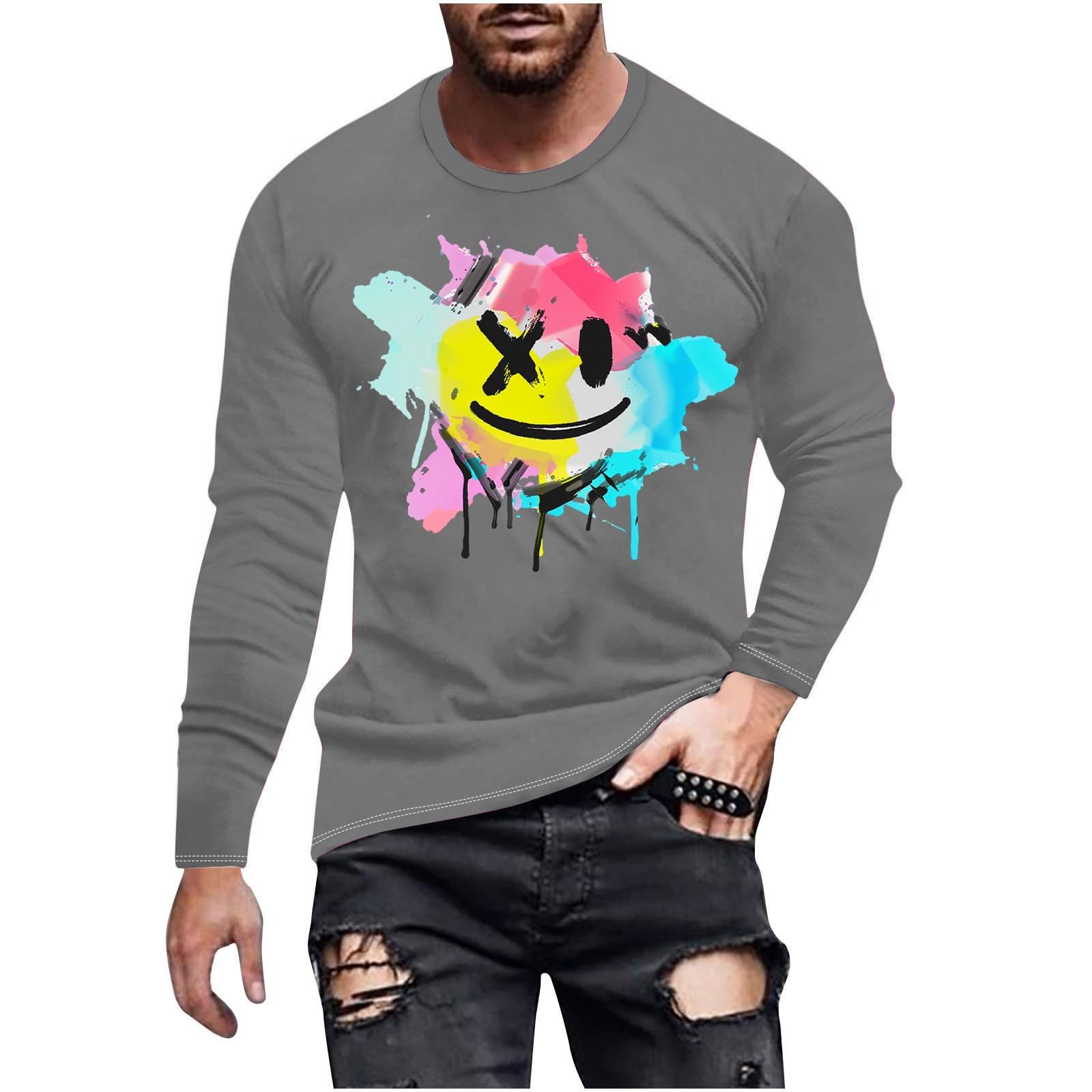 Funny Men's Halloween Long Sleeve T-Shirt with Smiley Face Graphic - Novelty Costume Party Tee for Halloween, Cosplay & Theme Parties