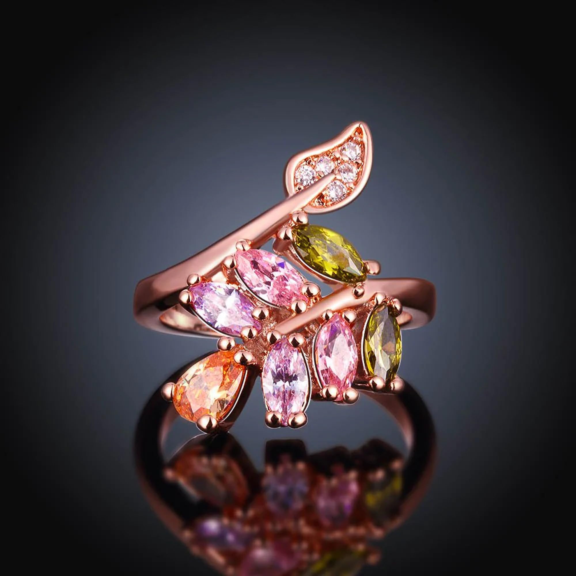 Elegant Rose Gold Plated Cubic Zirconia Adjustable Ring for Women - Fashionable Petal Design Jewelry Gift for Her | Perfect for Date Nights, Anniversaries & Special Occasions