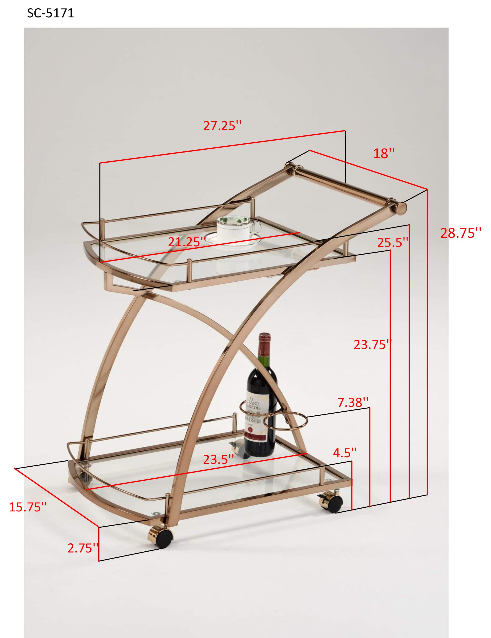 KB Designs 2-Tier Rolling Kitchen Serving Cart - Gold & Glass Bar Cart for Home, Living Room, Kitchen | Perfect for Entertaining, Beverage Storage & Mobile Serving Station