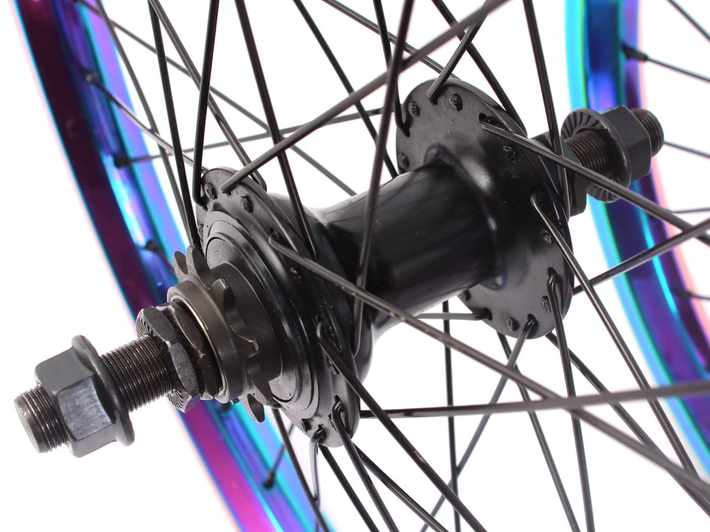 Premium KHE BMX Wheel Set - Oil Slick Aluminium Rim, MVP 36H, 14mm 9T Sprocket with Rim Tape - Perfect for BMX Racing, Street Riding & Freestyle Tricks