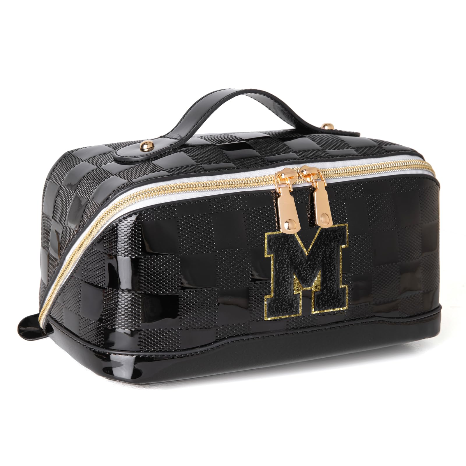 Large Capacity PU Leather Makeup Bag for Women - Travel Cosmetic Organizer with Handle & Divider, Open Flat Toiletry Bag - Perfect Gift for Her (Black, Medium) | Ideal for Travel, Gym, and Daily Beauty Storage