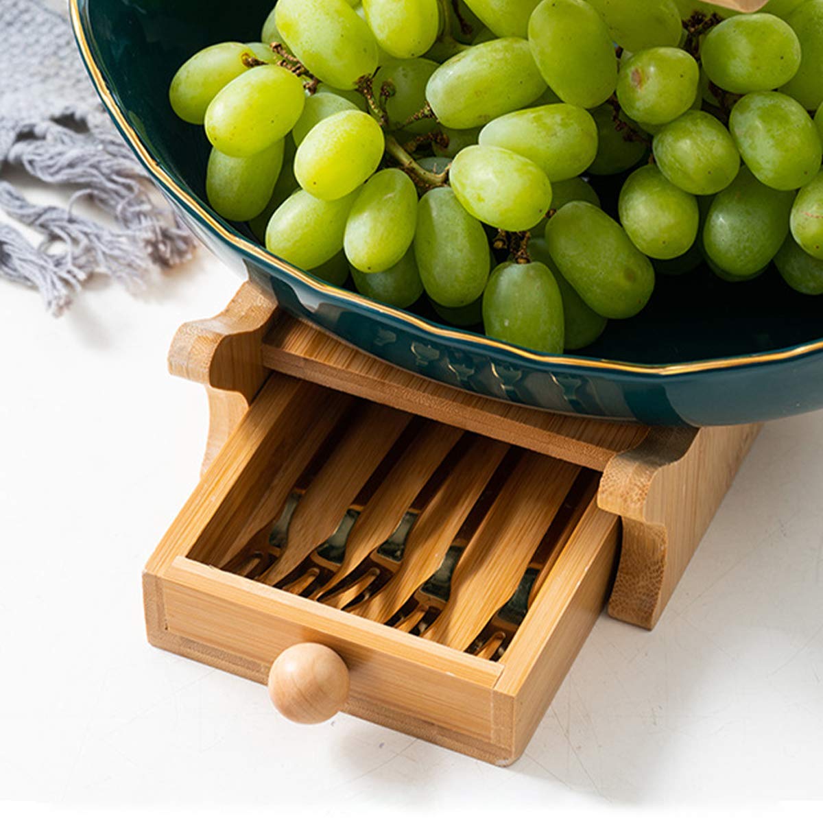 2-Tier Ceramic Fruit Basket with Bamboo Shelves & Serving Bowls - Dark Green Decorative Display for Coffee Table, Kitchen Counter, or Dining Room