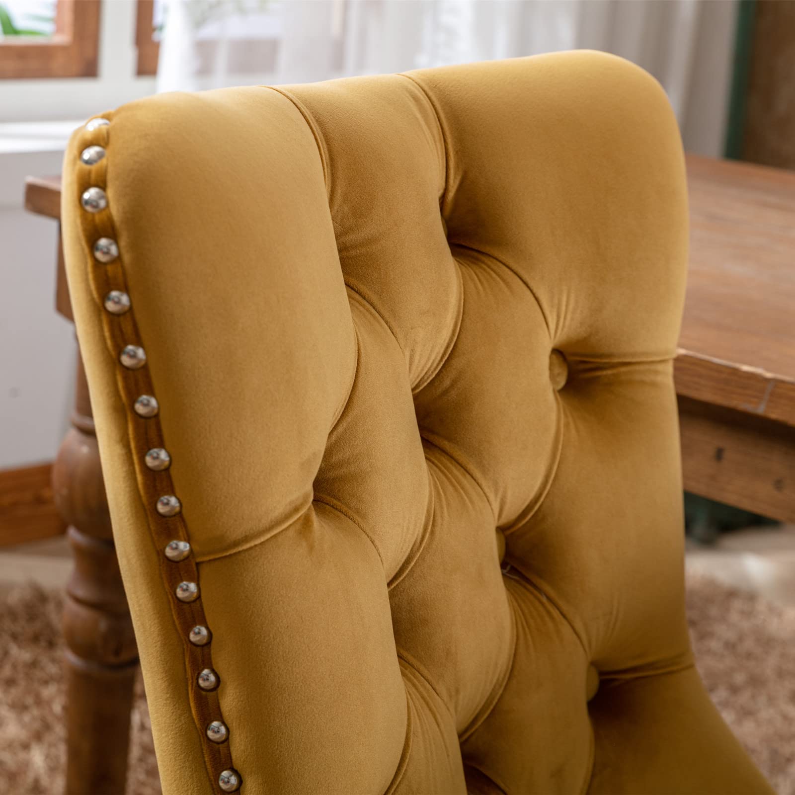 Luxury Velvet Upholstered Dining Chairs Set of 2 - Gold Button Tufted Accent Chairs with Nailhead Trim & Ring Pull Back for Elegant Dining Room Decor | Perfect for Home, Restaurant, and Office Use
