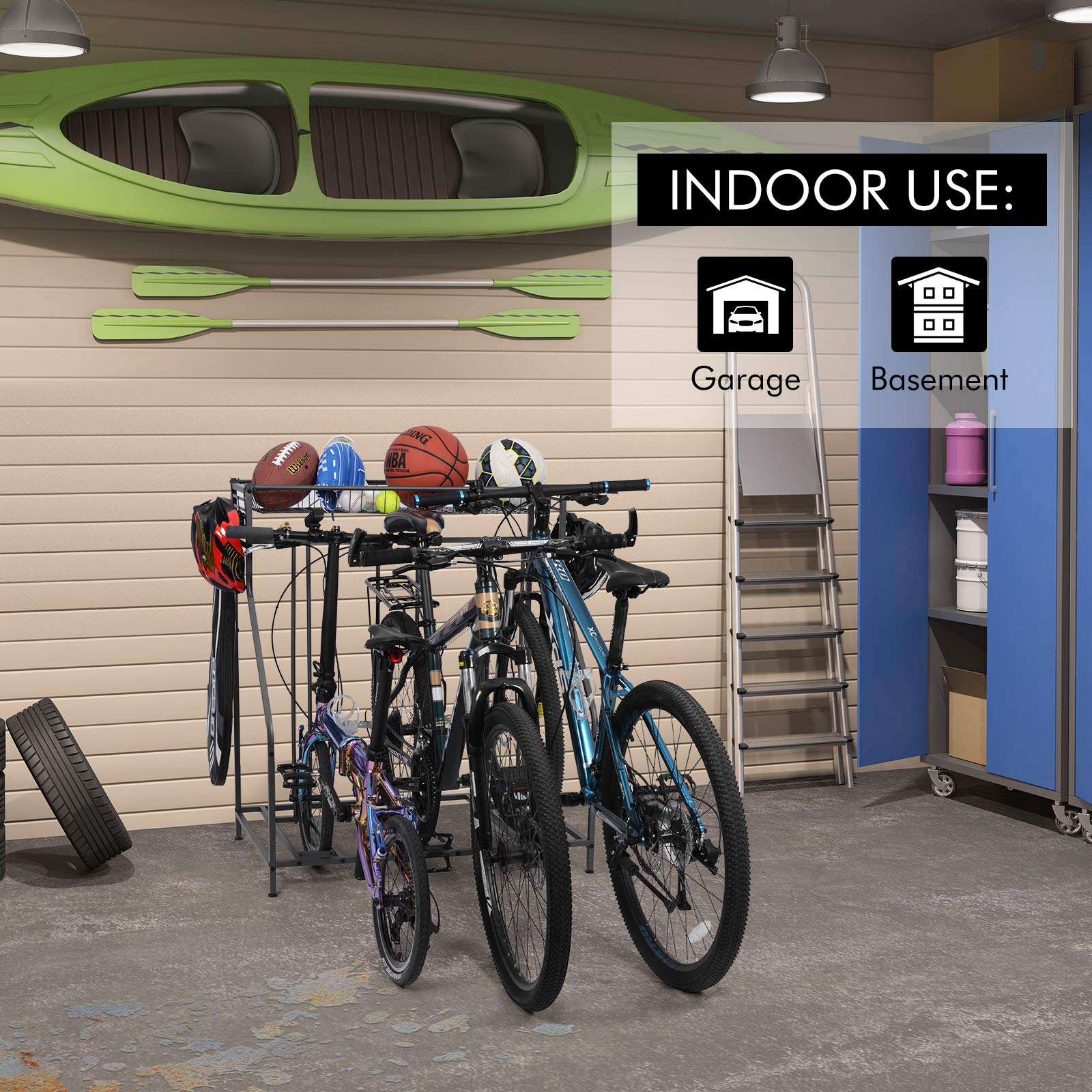 Garage Bike Rack - Heavy Duty Free Standing Bicycle Parking Stand for Mountain, Hybrid & Kids Bikes | Adjustable Bike Slot with 3 Stands & 6 Hooks | Sports Equipment Storage Solution for Home, Garage & Outdoor Use