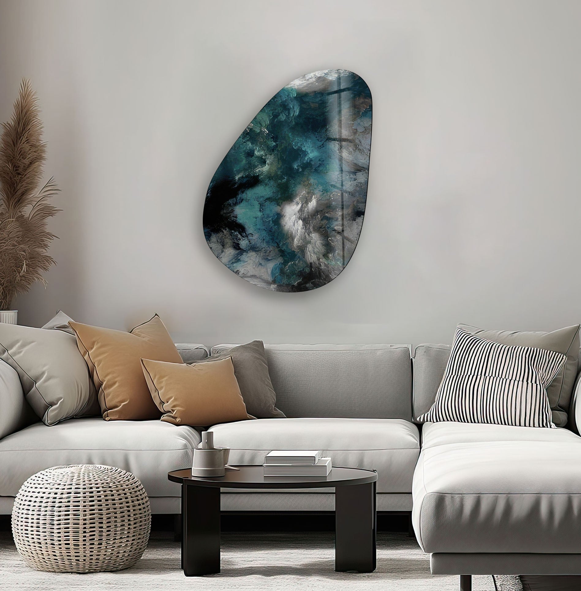 Asymmetrical Oval Dark Smoke Glass Wall Art - Modern Abstract Home Decor for Living Room, Bedroom & Office - Unique Handcrafted Glass Artwork