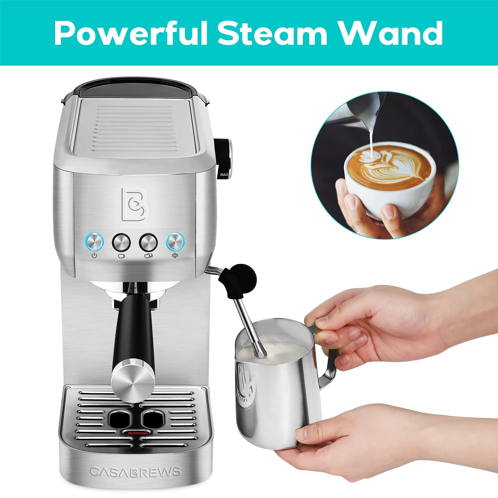 CASABREWS 20 Bar Espresso Machine - Professional Coffee Maker for Cappuccino & Latte with Steam Wand, Compact Design with 1.3L Removable Water Tank, Stainless Steel - Perfect for Home, Office & Coffee Shops