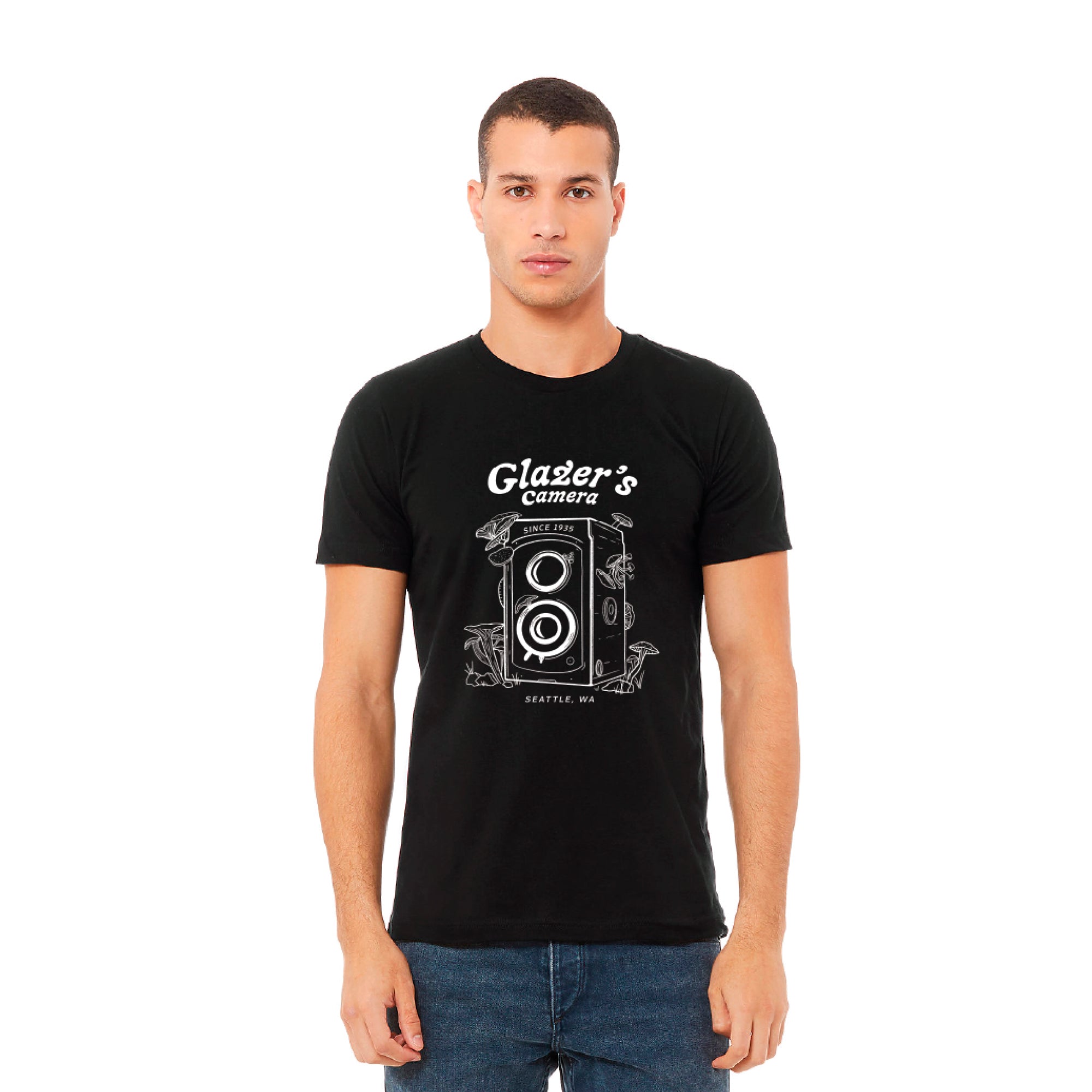 Glazer's Mushroom Camera Graphic T-Shirt - Black - Large Size - Perfect for Casual Wear, Street Style & Photography Enthusiasts