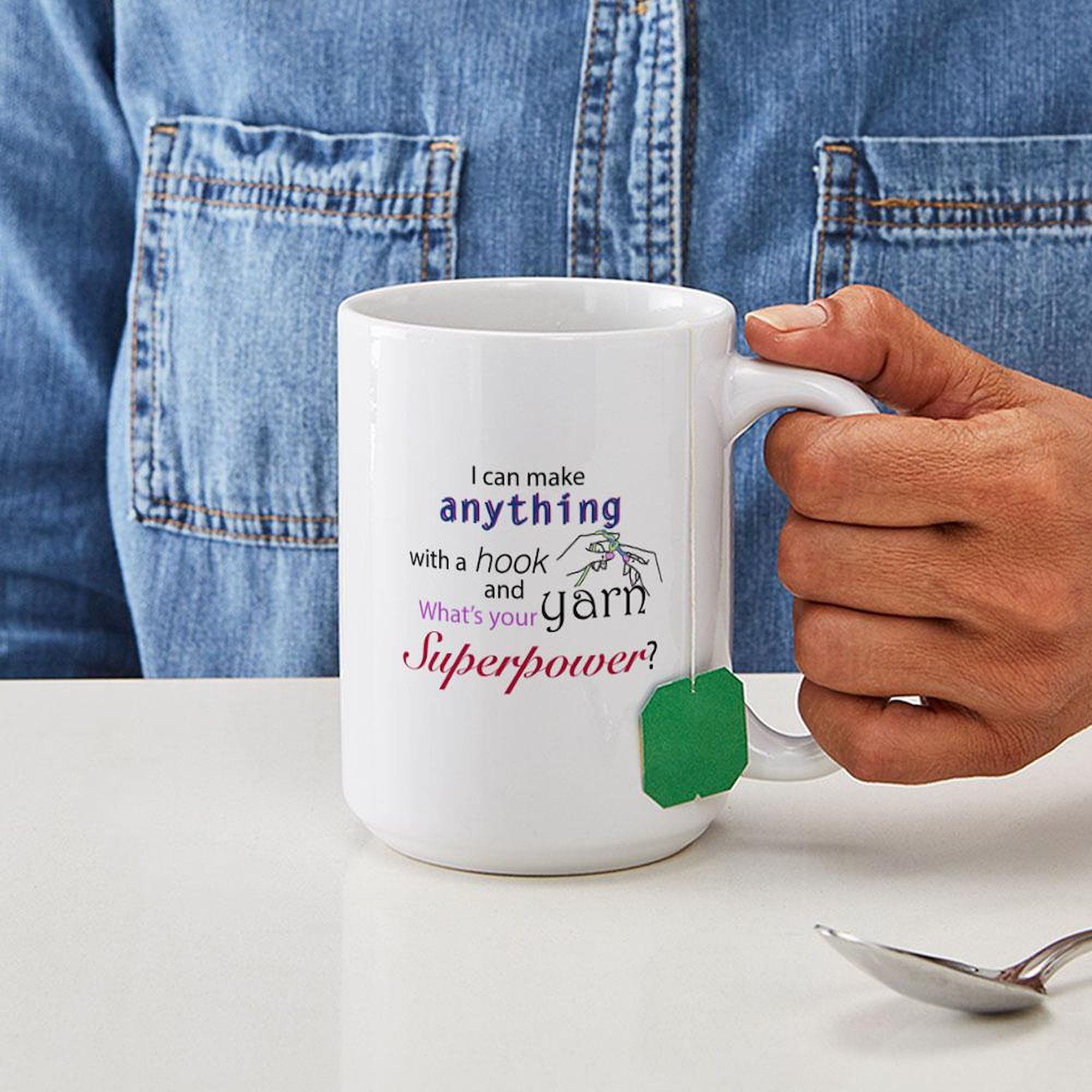 Crochet Superhero Large Coffee Mug - 15 oz. White Ceramic Cup for Tea & Hot Drinks - Perfect for Superhero Fans, Office Use & Gift Giving