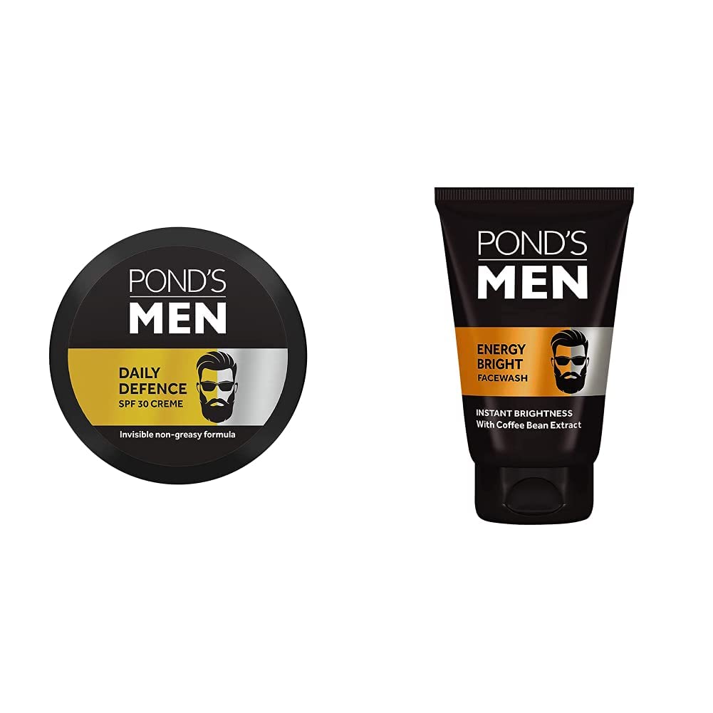 POND'S Men Daily Defence SPF 30 Face Cream - Non-Greasy Sunscreen for Men, 55g & POND'S Men's Energy Bright Face Wash with Coffee Beans for Brighter Skin, 100g - Daily Skincare Routine for Men with Sun Protection and Brightening Benefits