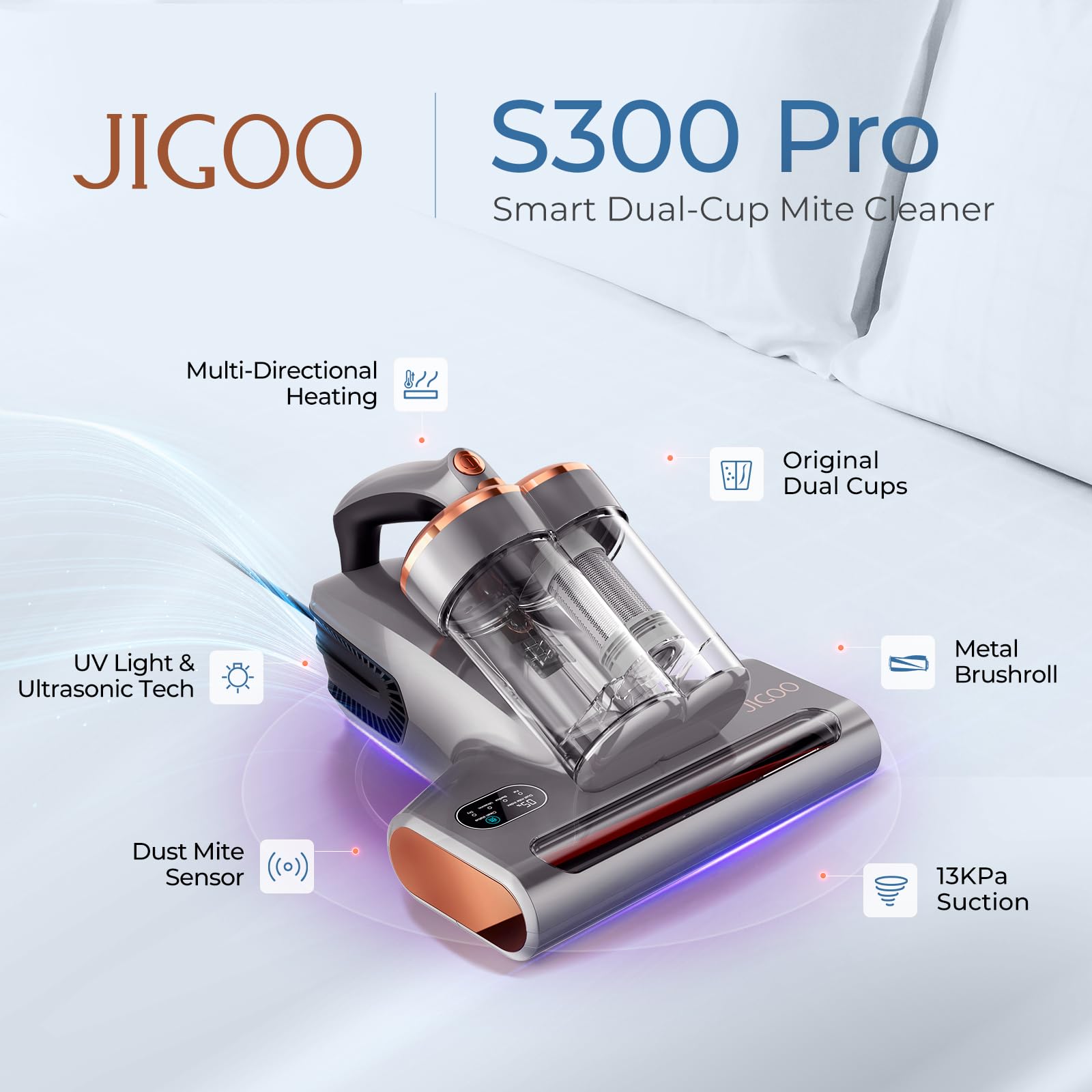 **500W 13KPa Powerful Bed Vacuum Cleaner with UV Sterilization, Ultrasonic & High Heat - Anti-Allergen Dust Sensor Mattress Vacuum for Deep Cleaning (S300 Pro, Corded) - Perfect for Allergy Relief, Pet Hair Removal & Home Sanitization**