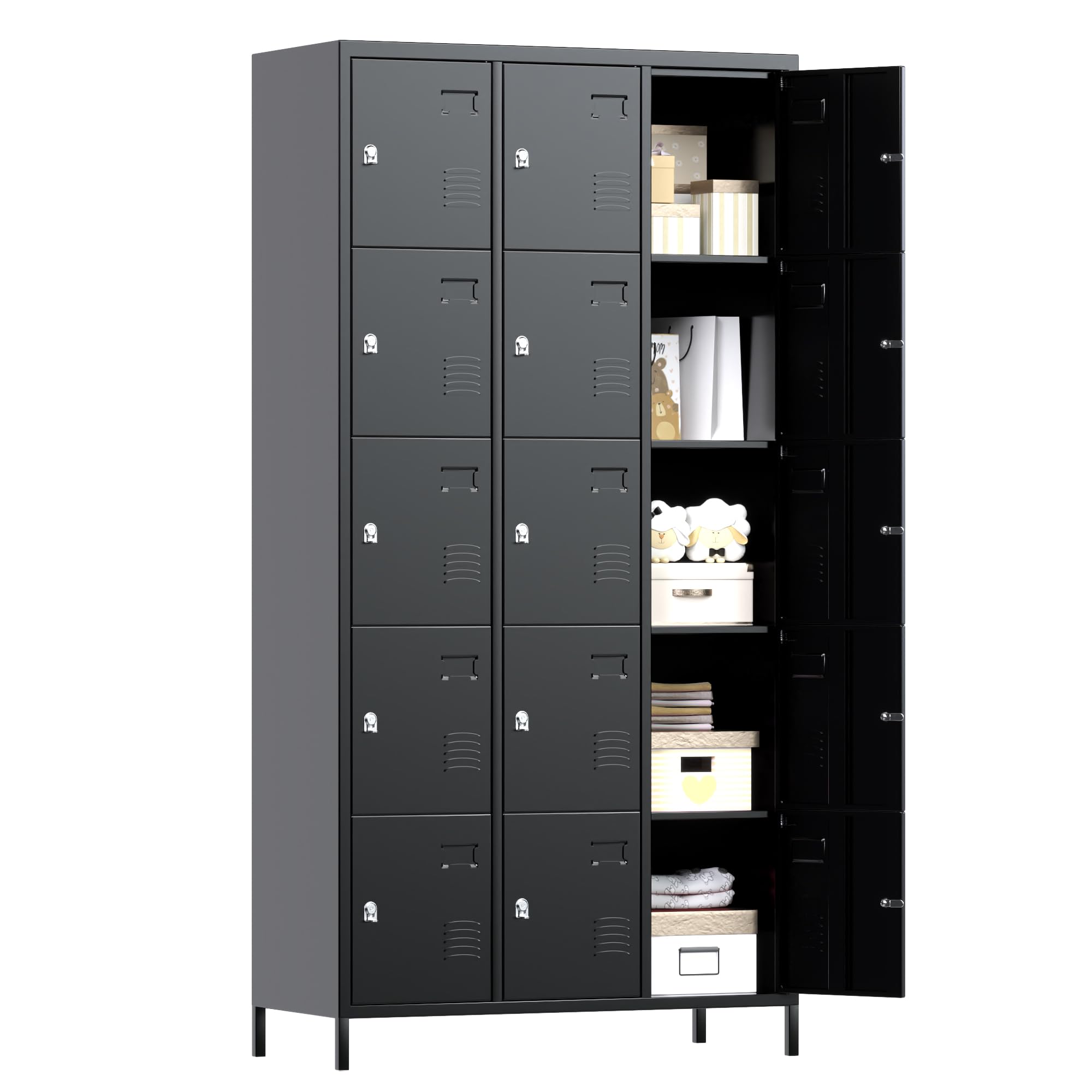 METAN 15-Door Black Steel Storage Locker Cabinet - Heavy Duty Metal Locker for School, Office, Gym, Bedroom & Industrial Use - Employee Storage Locker with Easy Assembly - Perfect for Organization in Classrooms, Workplaces & Fitness Centers