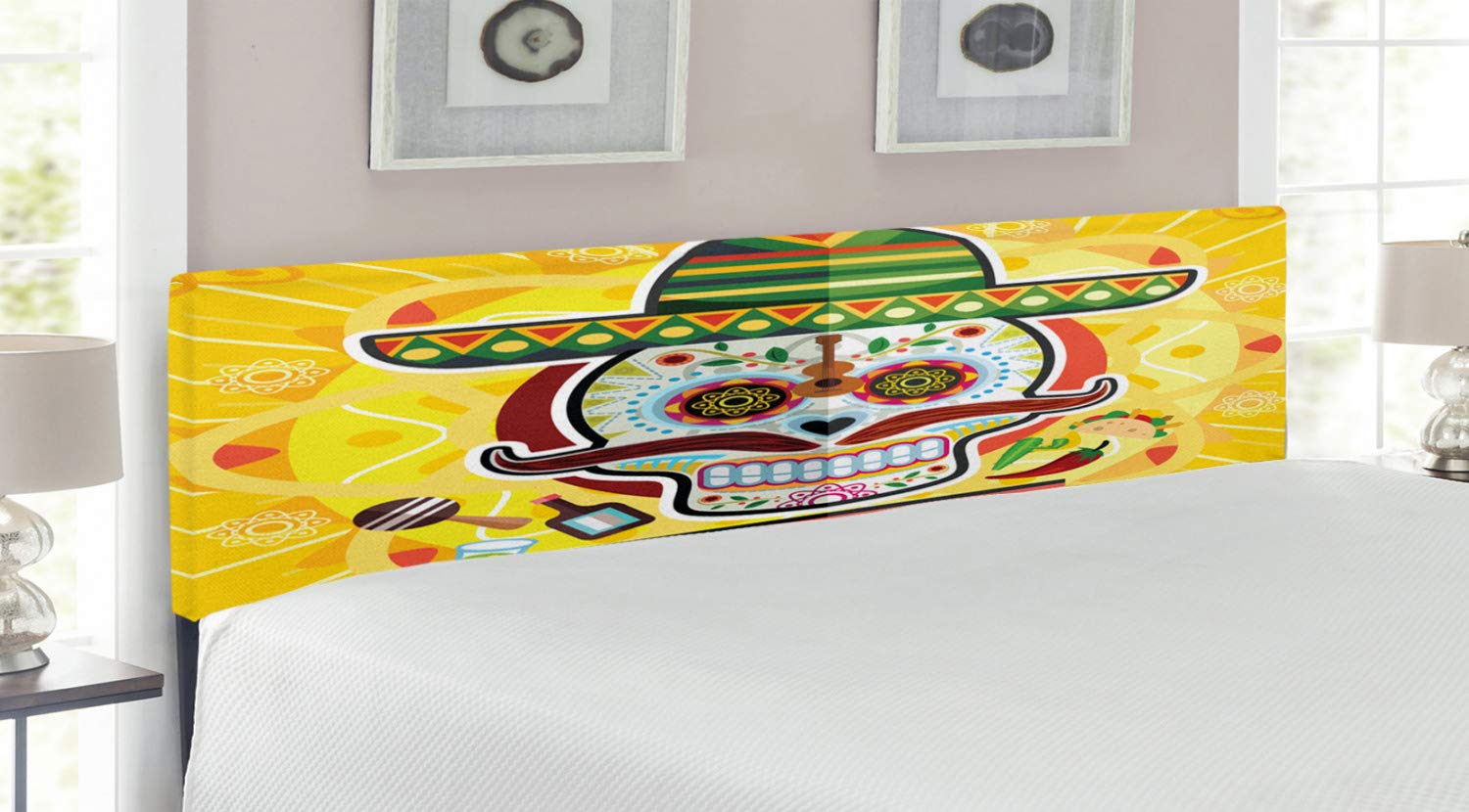Ambesonne Day of The Dead King Size Headboard - Mexican Sugar Skull Art Print with Tacos & Chili Pepper Design, Upholstered Metal Bed Frame with Memory Foam, Vibrant Yellow Home Decor | Perfect for Día de Muertos Celebrations & Bohemian Bedroom Themes