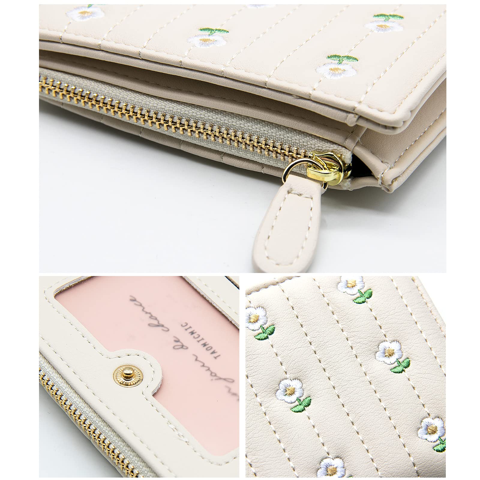 LJCZKA Small RFID Blocking PU Leather Wallet for Women - Cute Slim Card Holder with Flower Design for Girls, Coin & Cash Purse (White) | Perfect for Everyday Use, Travel & Gift Giving