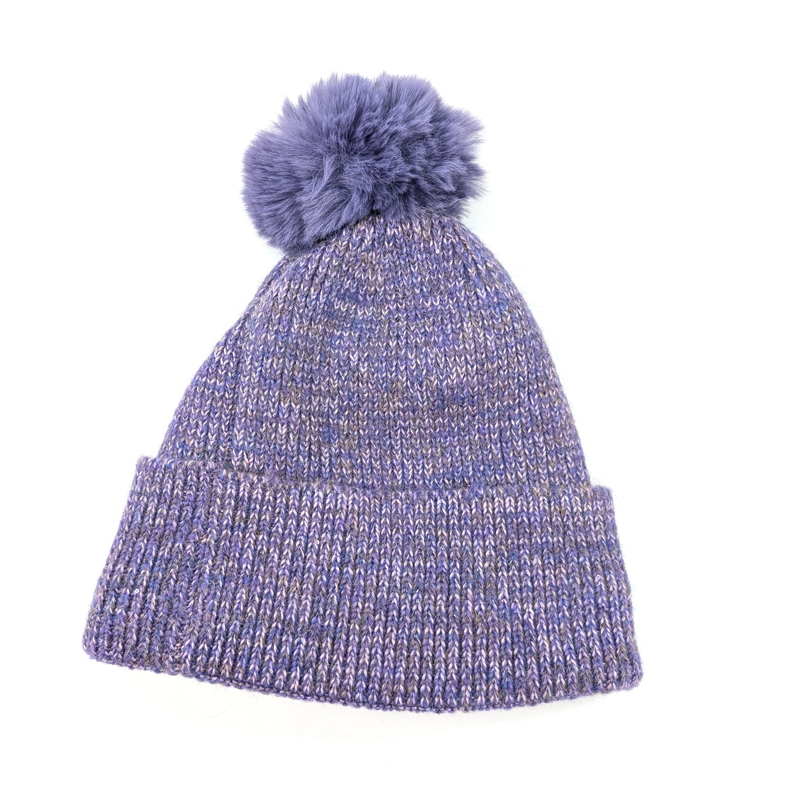 Sequin Faux Fur PomPom Winter Hat for Women - Purple Glam Beanie, Perfect for Christmas Party & Cold Weather Fashion Accessory