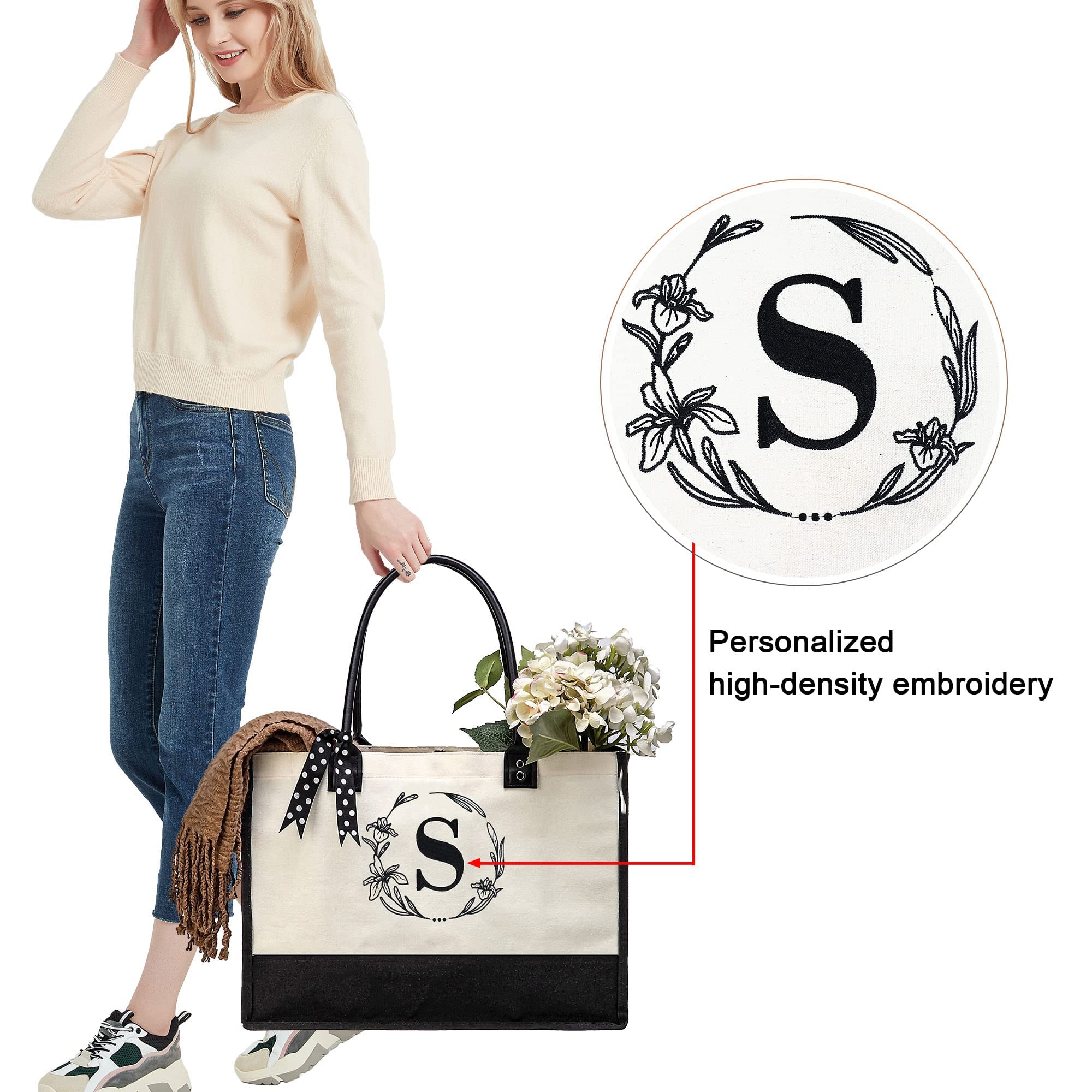BeeGreen Personalized Canvas Tote Bag for Women with Leather Handle - Custom Gift for Birthday, Travel, Shopping & Everyday Use