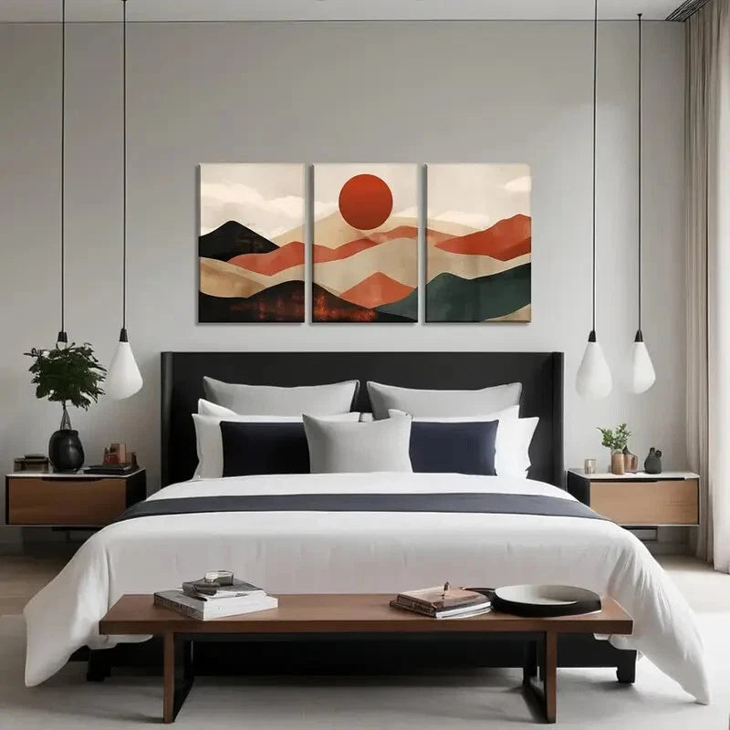 3-Piece Abstract Nature Landscape with Sunrise Metal Wall Art - Ready to Hang Home Decor for Living Room, Bedroom & Office