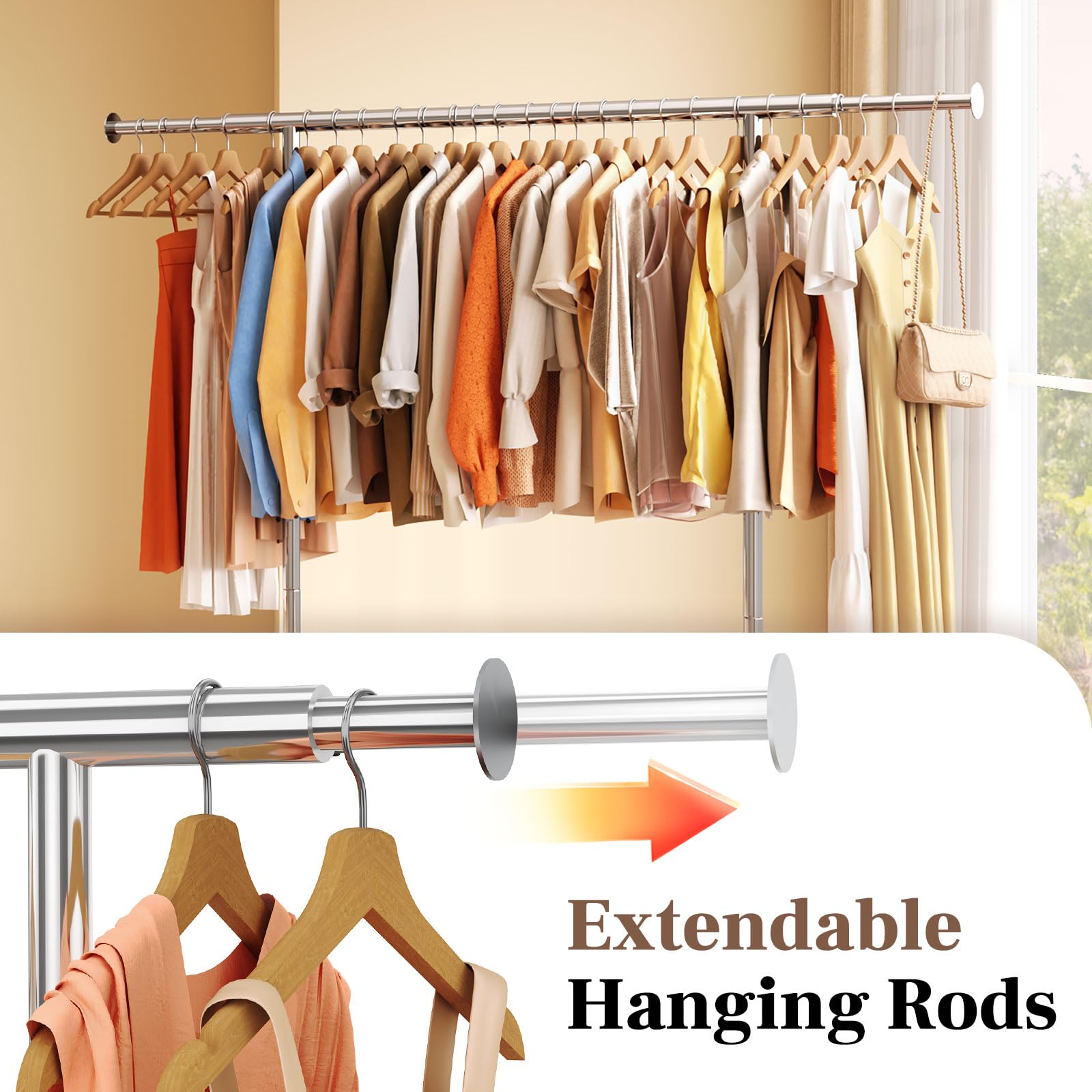 HOKEEPER Heavy Duty Rolling Clothes Rack with Lockable Wheels - Portable Garment Rack for Hanging Clothes, Coats & Accessories - Perfect for Bedroom, Living Room, Laundry Room & Balcony Organization