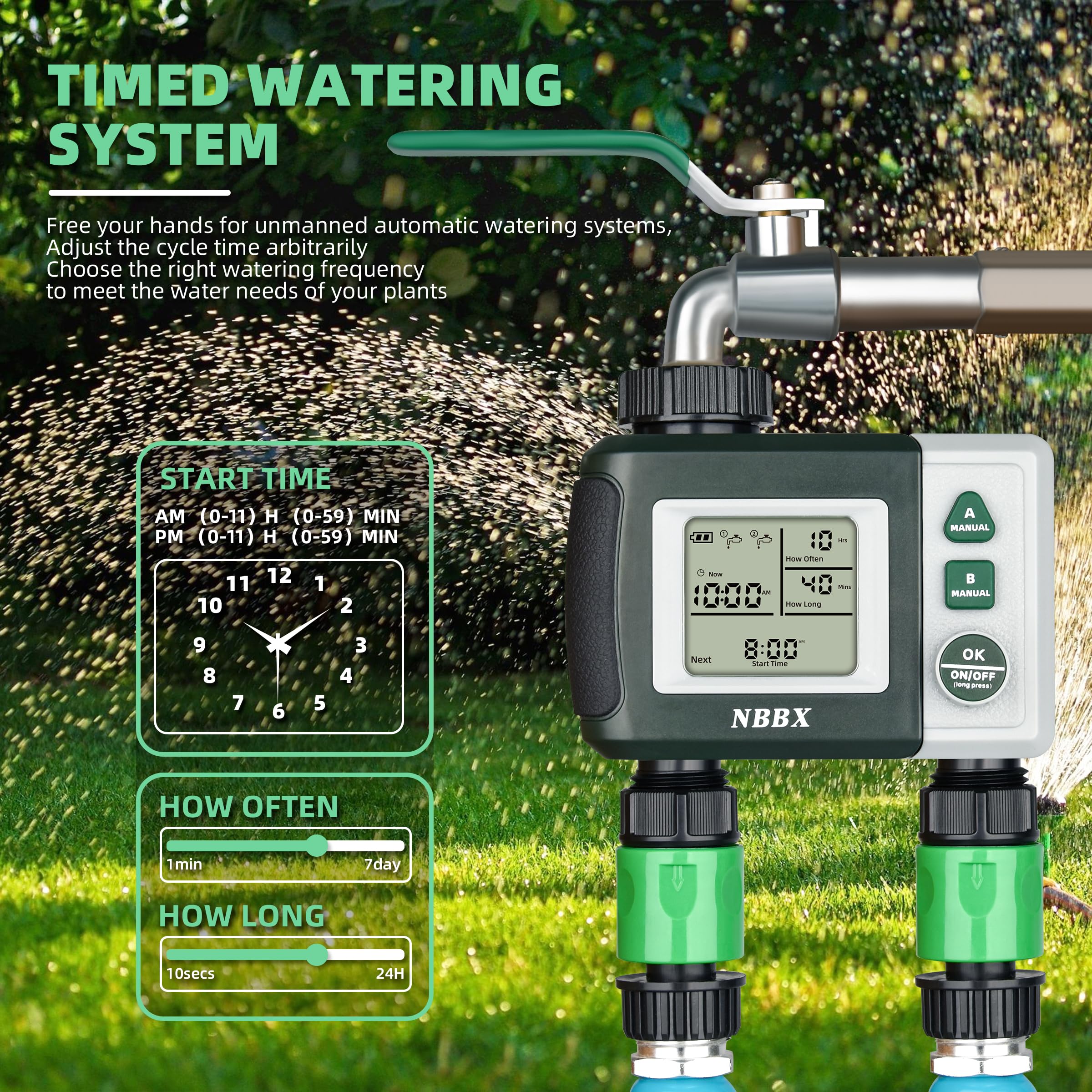 Programmable 6830G Sprinkler Hose Watering Timer - Automatic/Manual Garden Irrigation System with 2 Outlets (Green) | Perfect for Lawn, Flower Beds & Vegetable Gardens