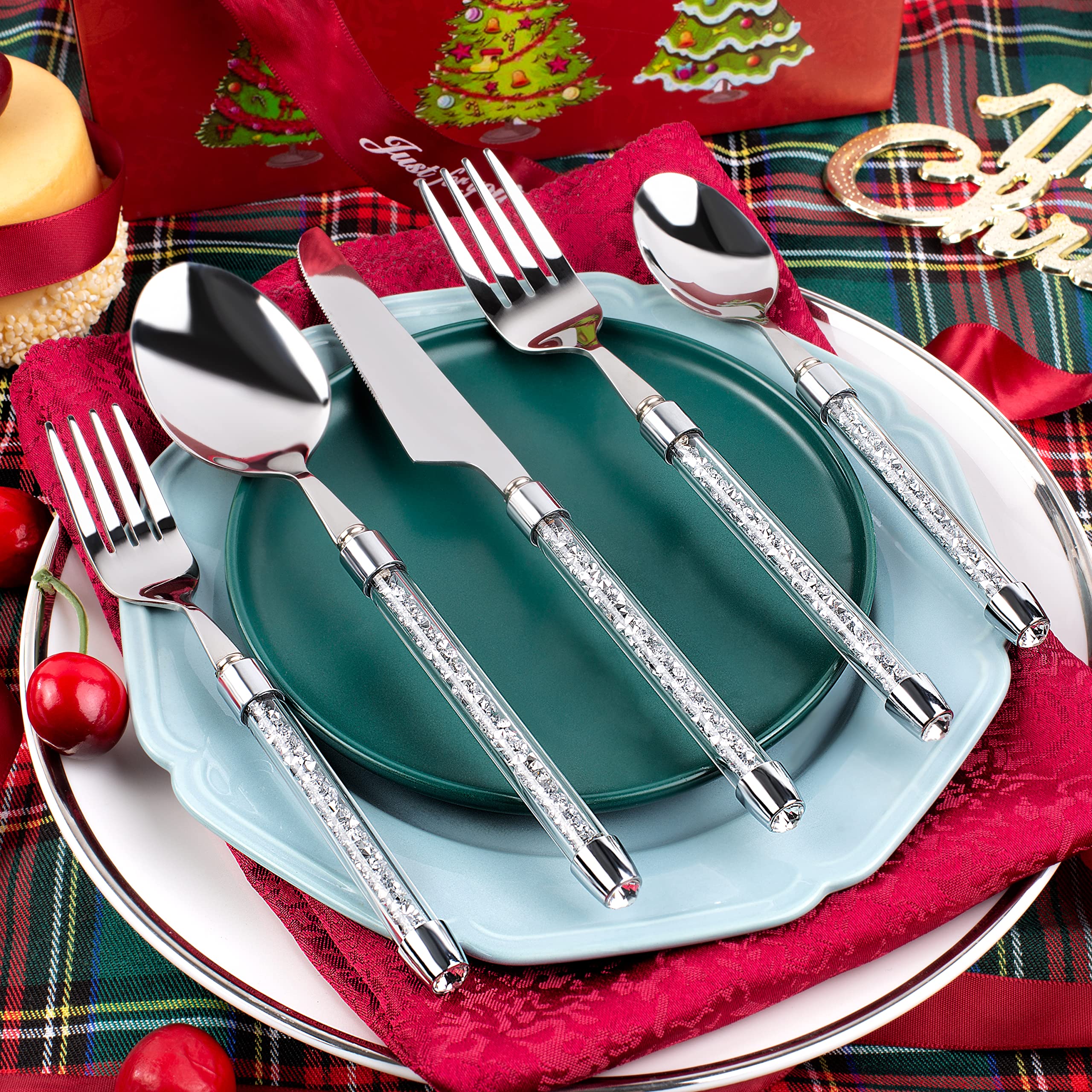 SHYFOY 20-Piece Bling Silverware Set - 18/8 Stainless Steel Flatware Cutlery with Crystal Glass Handles, Mirror Polished & Dishwasher Safe - Elegant Dinnerware for Home, Restaurant, Wedding & Party (Perfect for Formal Dining, Holiday Gatherings & Special Occasions)