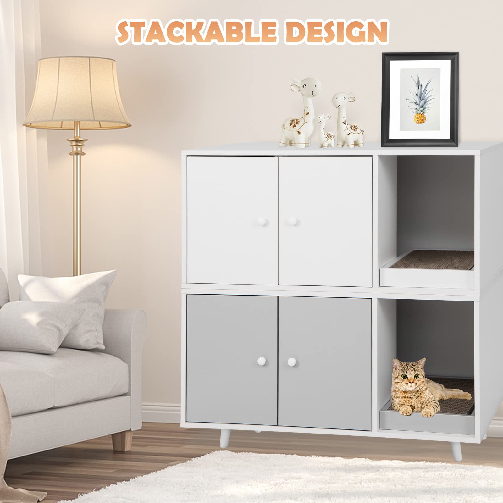 Tangkula Hidden Cat Litter Box Enclosure Furniture - Double Door Design with Scratching Pad & Metal Legs for Large Cats, Grey & White - Perfect for Living Rooms, Bedrooms & Home Decor