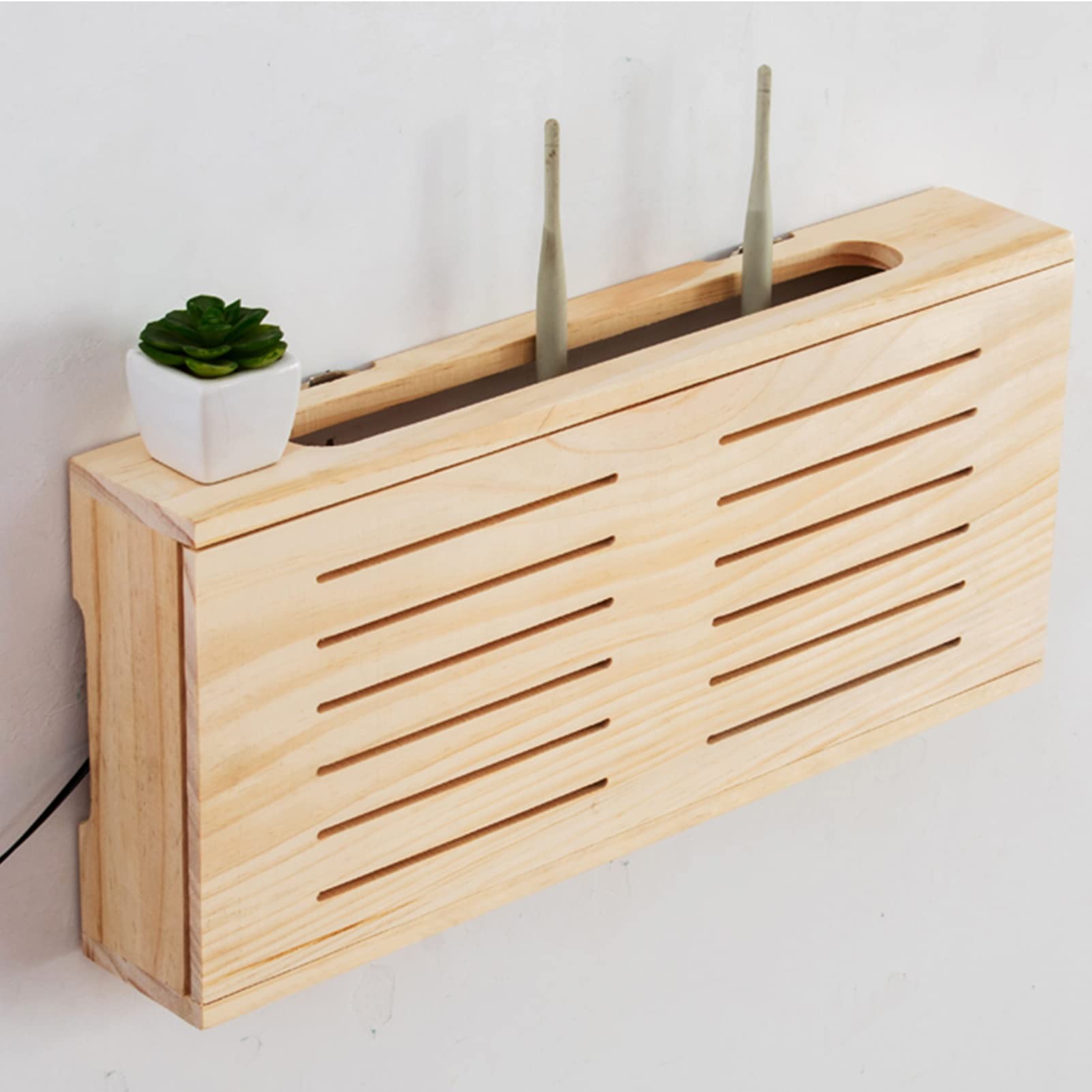 Wooden WiFi Router Storage Box - Wall Mount Network Set-Top Box Organizer with Shelf, 49x22x8cm - Perfect for Home, Bedroom & Office to Hide Cables & Organize Wireless Routers, Modems & Electronics (Natural Wood Color)
