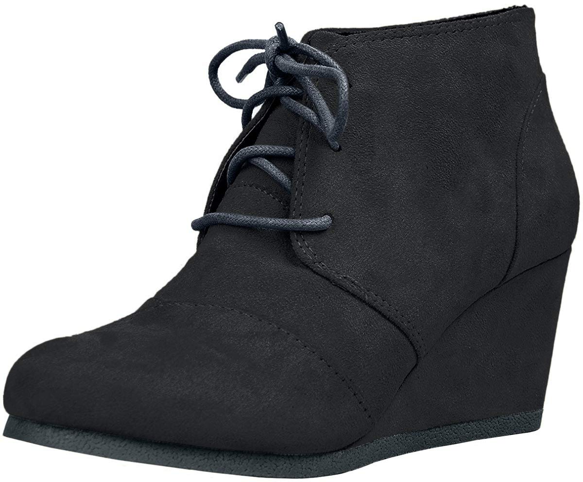 Stylish Rex Black Lace-Up Oxford Wedge Booties for Women - Comfortable Chunky Heel Ankle Boots for Office, Party & Daily Wear