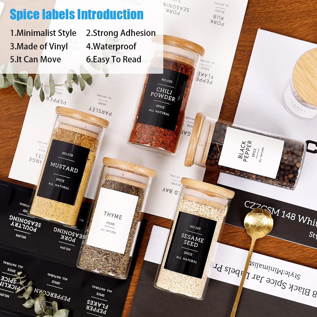 24-Piece Glass Spice Jars Set with 296 Preprinted Labels (Black & White) - 4oz Thick-Walled (2.4mm) Empty Herb Containers with Bamboo Airtight Lids - Perfect for Kitchen Organization, Spice Storage & DIY Seasoning Gifts