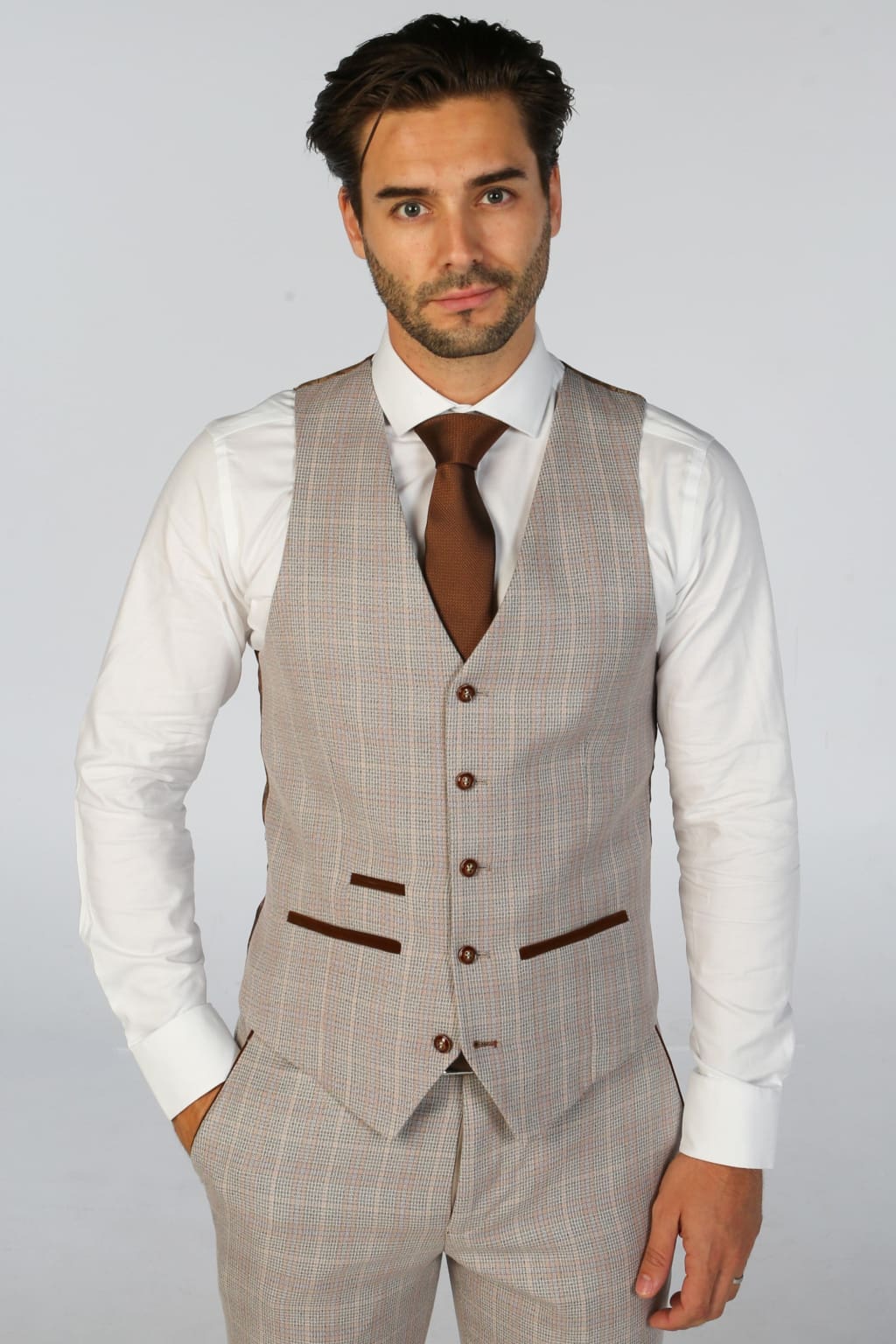 Leo Beige Check Three Piece Suit for Men - Classic Formal Business Attire for Weddings, Interviews & Special Occasions