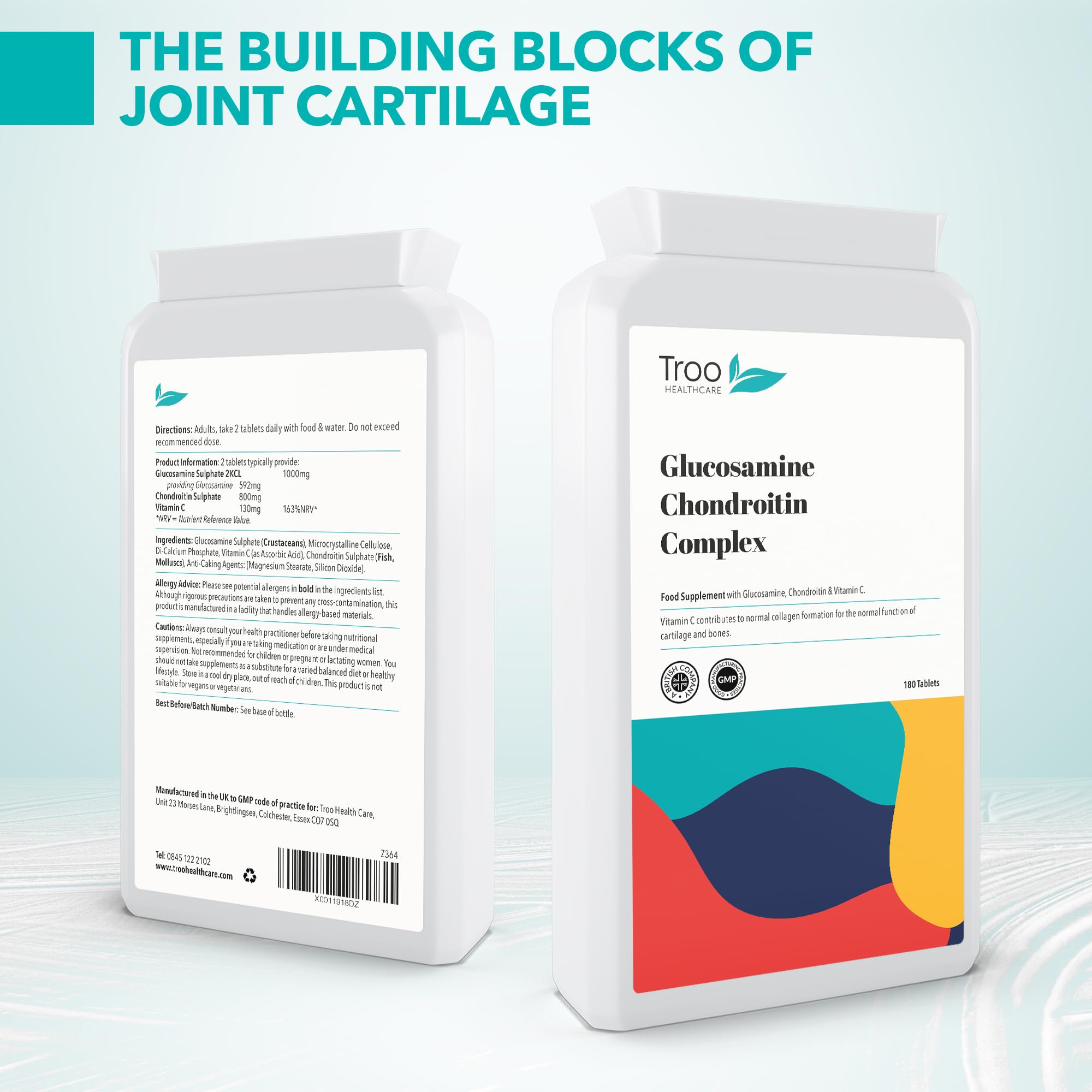 Troo Health Care Glucosamine Chondroitin Complex with Vitamin C - 180 Tablets - Supports Joint Health, Collagen Formation & Bone Strength - UK Made GMP Certified Supplement for Active Adults & Seniors - Ideal for Post-Workout Recovery & Daily Joint Support