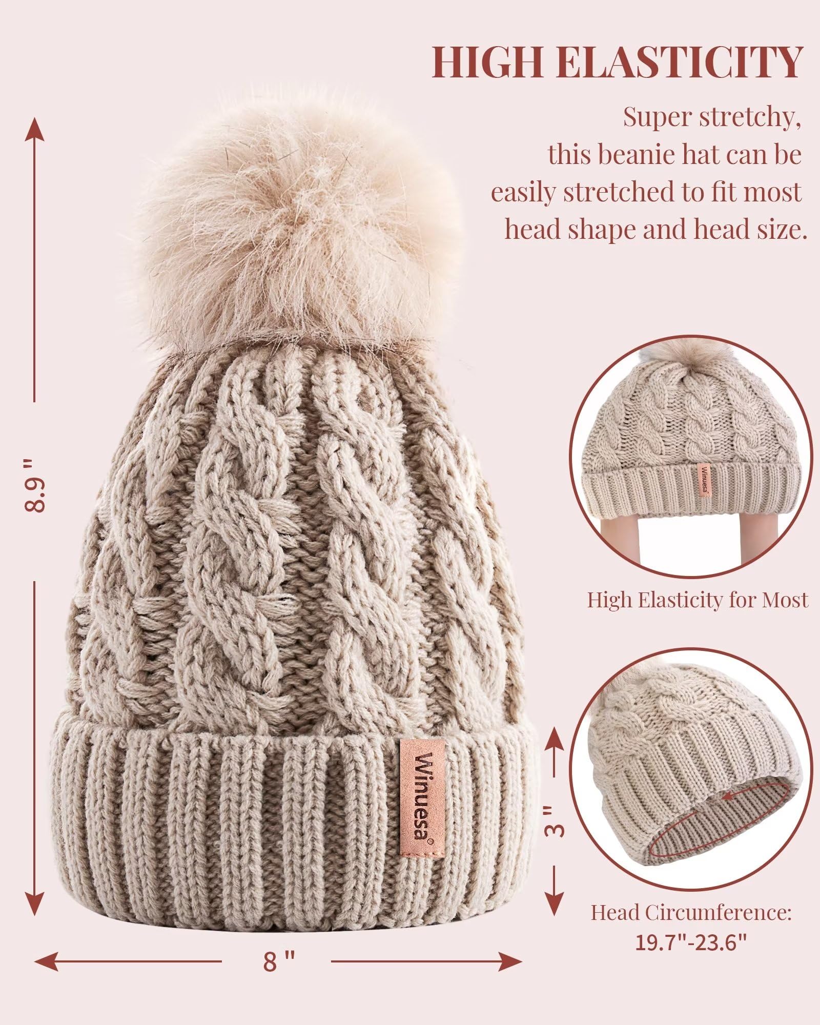 3 PCS Women's Knit Beanie Hats with Pom Pom - Warm Winter & Fall Fashion Hats for Ladies - Perfect for Outdoor Activities, Skiing, Snowboarding & Casual Winter Wear