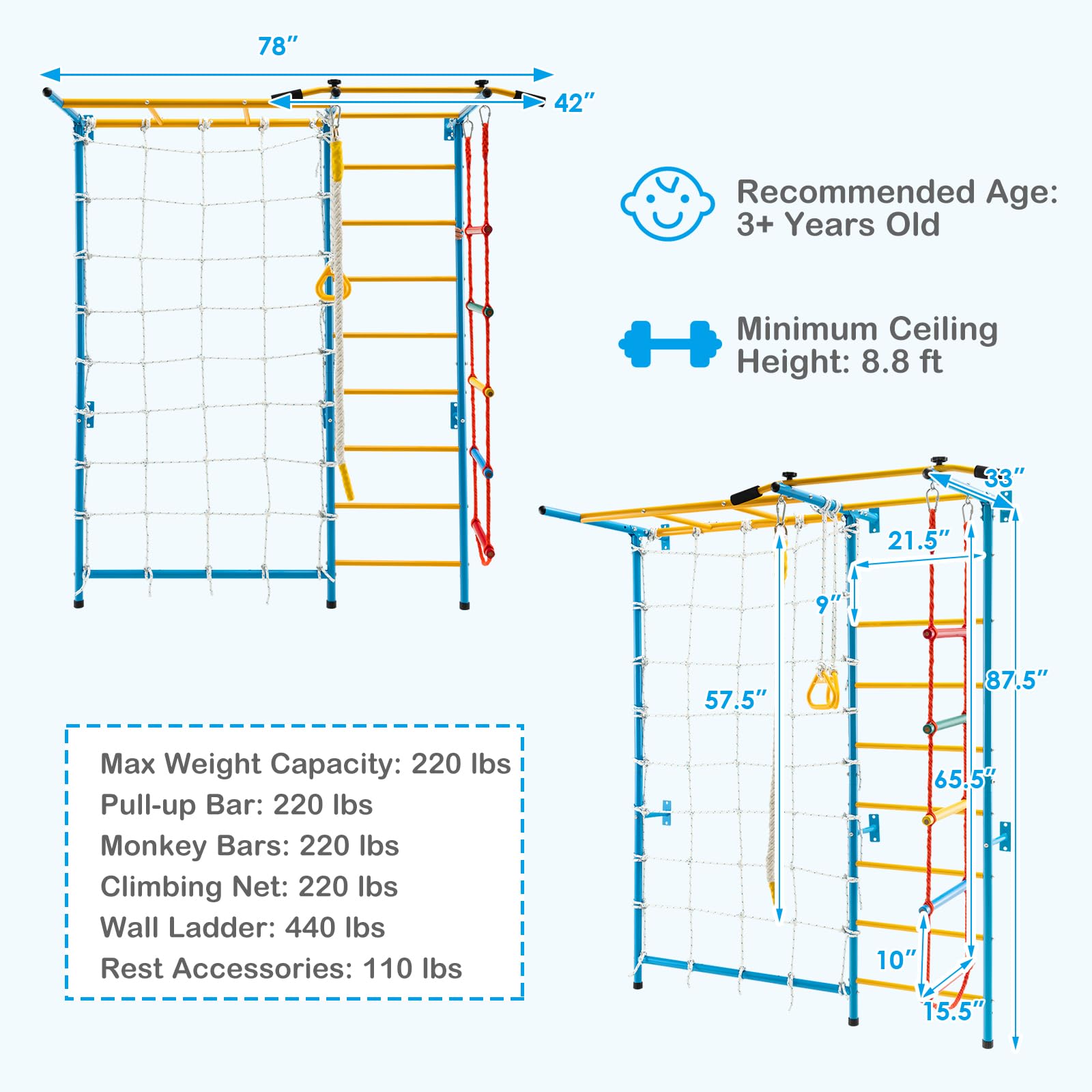 **HONEY JOY 7-in-1 Kids Climbing Gym Set for Toddlers - Indoor Metal Playground with Rope Ladder, Pull-up Bar, Monkey Bars & Gymnastic Rings - Safe & Durable Wall-Mounted Exercise Equipment for Home, Playroom, or Backyard Fun**