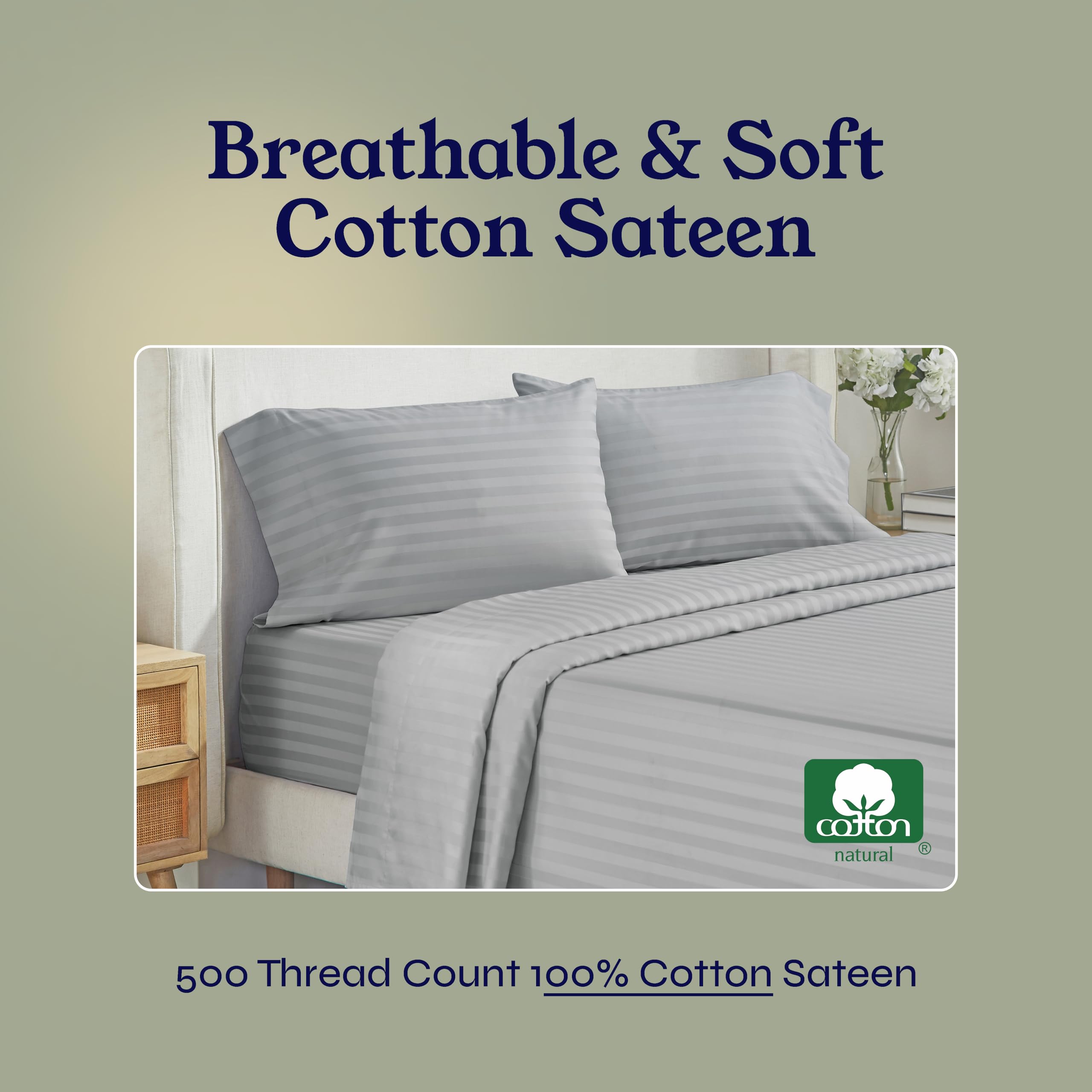 Luxury 100% Cotton 500 Thread Count Split King Sheets Set - 5Pc with 2 Twin-XL Fitted Sheets, Sateen Weave, Damask Stripe Design for Adjustable Beds (Light Grey) - Perfect for Master Bedrooms, Guest Rooms & Luxury Hotels
