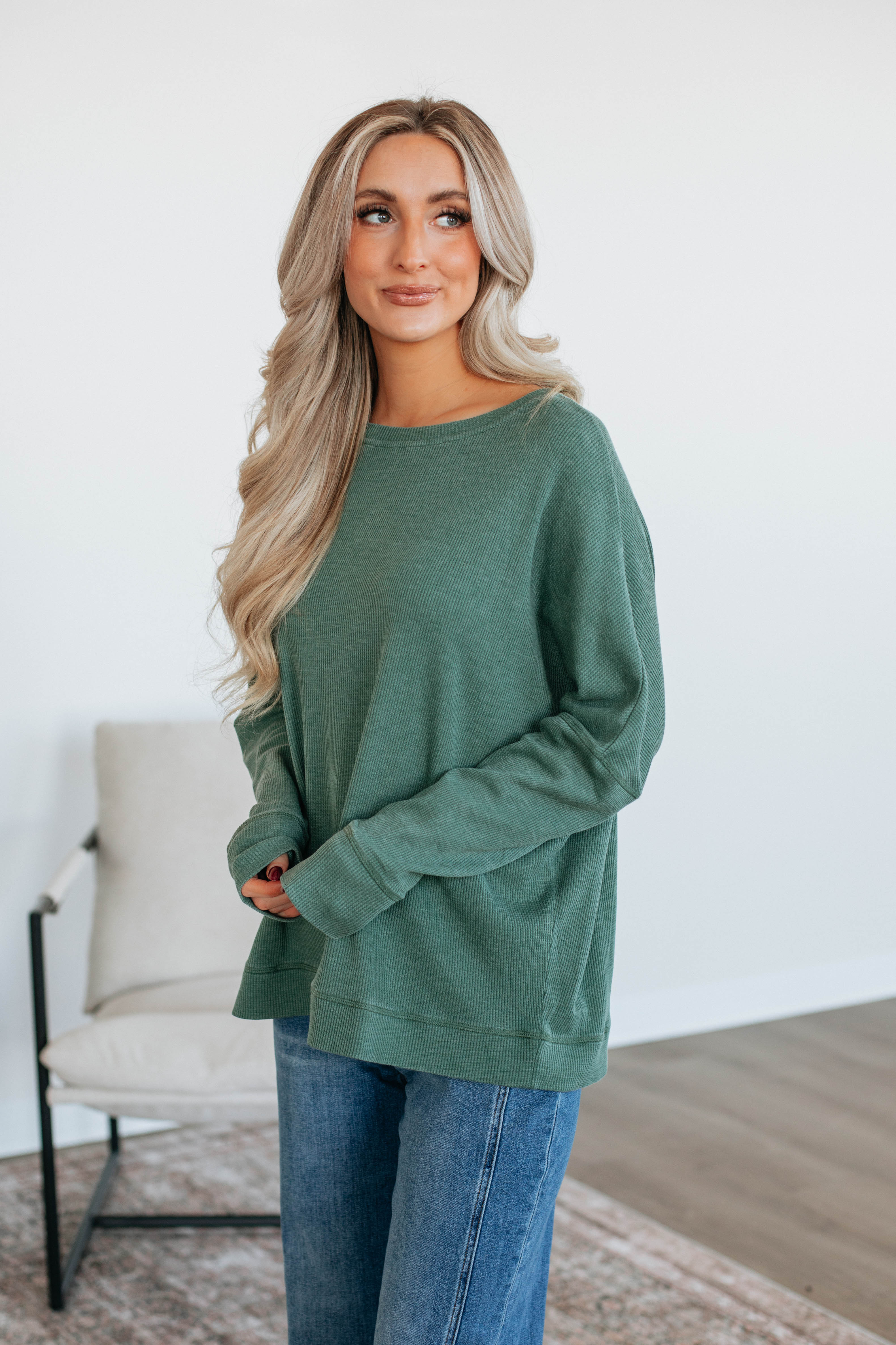 Breathable Waffle Knit Top for Women - Soft Basil Green Long Sleeve Shirt | Perfect for Layering, Casual Outfits & Fall Fashion