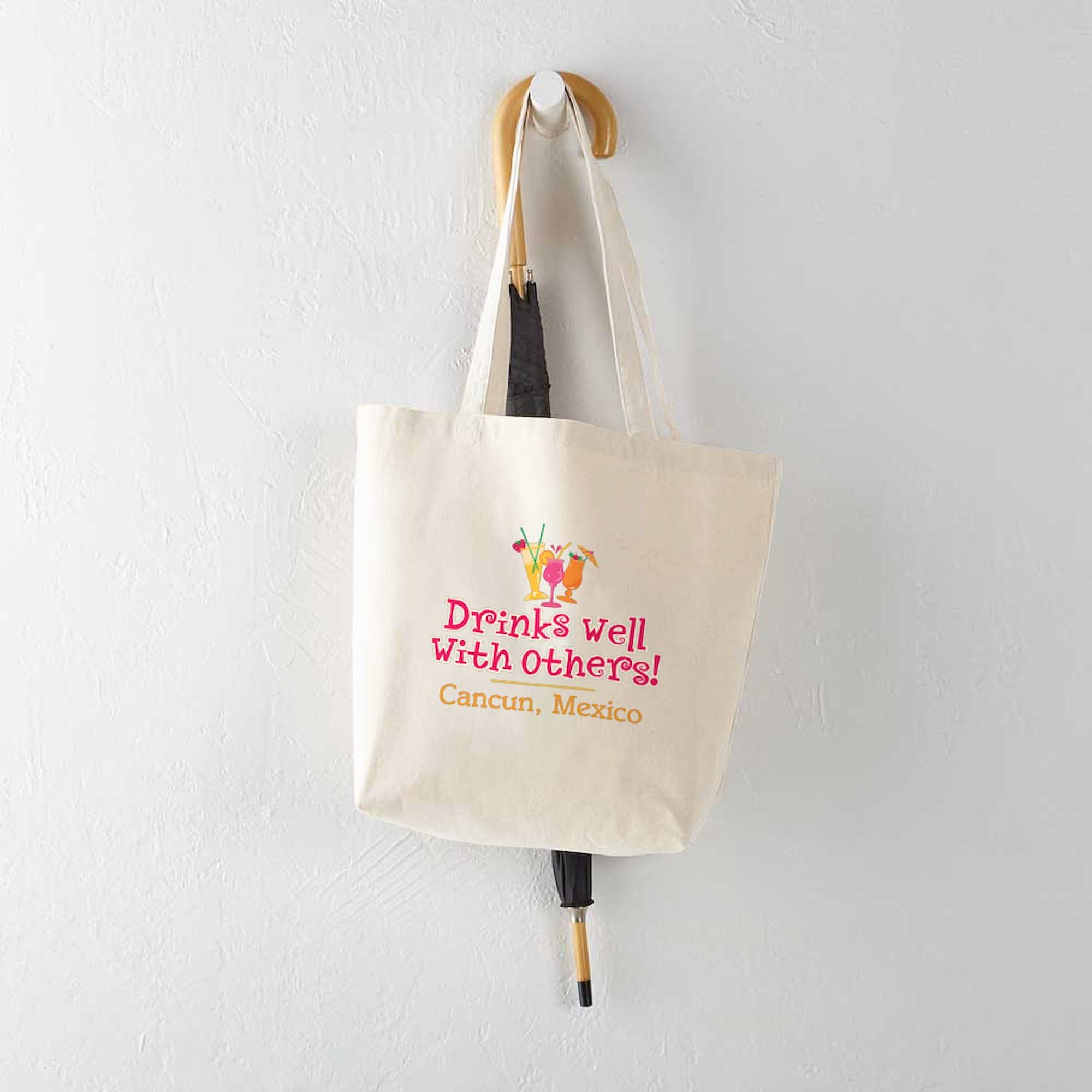 Drinks Well Cancun Tote Bag - Natural Canvas Reusable Beach & Shopping Bag for Vacation, Groceries & Daily Use