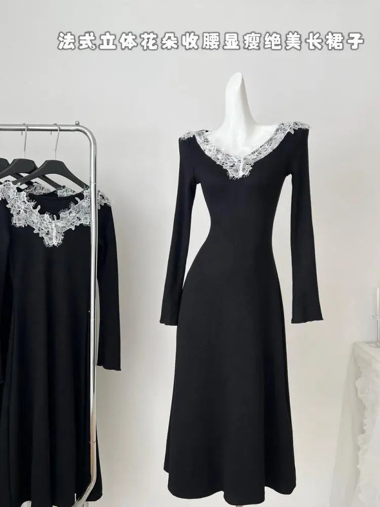 Elegant Black Patchwork Lace V-Neck Knitted Dress for Women - Slim Fit Long Sleeve Evening Gown for Fall Parties, Festivals & Special Occasions | Perfect for Cocktail Parties, Date Nights & Holiday Events
