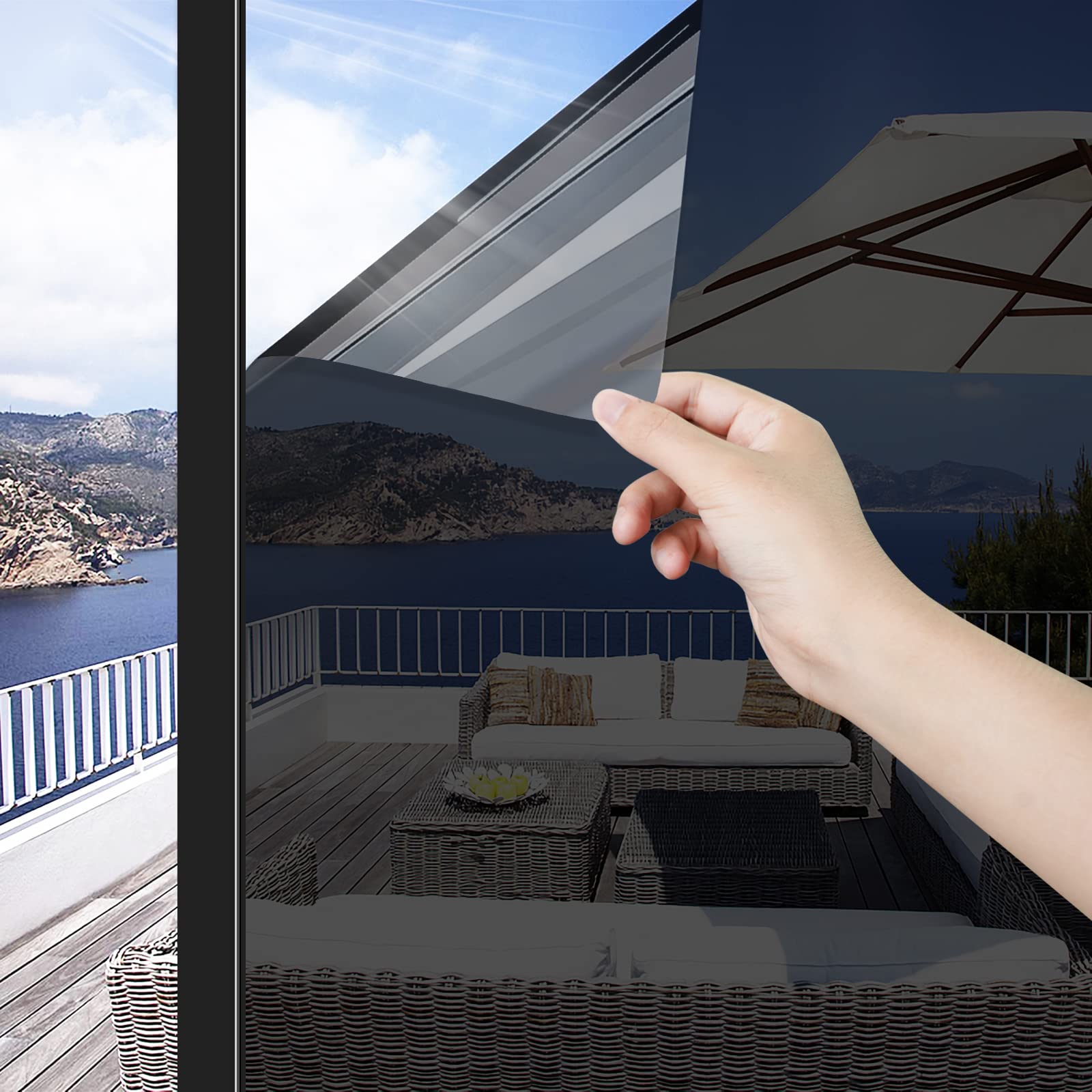 One Way Mirror Privacy Window Film - Static Cling Non-Adhesive UV Blocking Reflective Tint for Home & Office (Black Silver, 11.81
