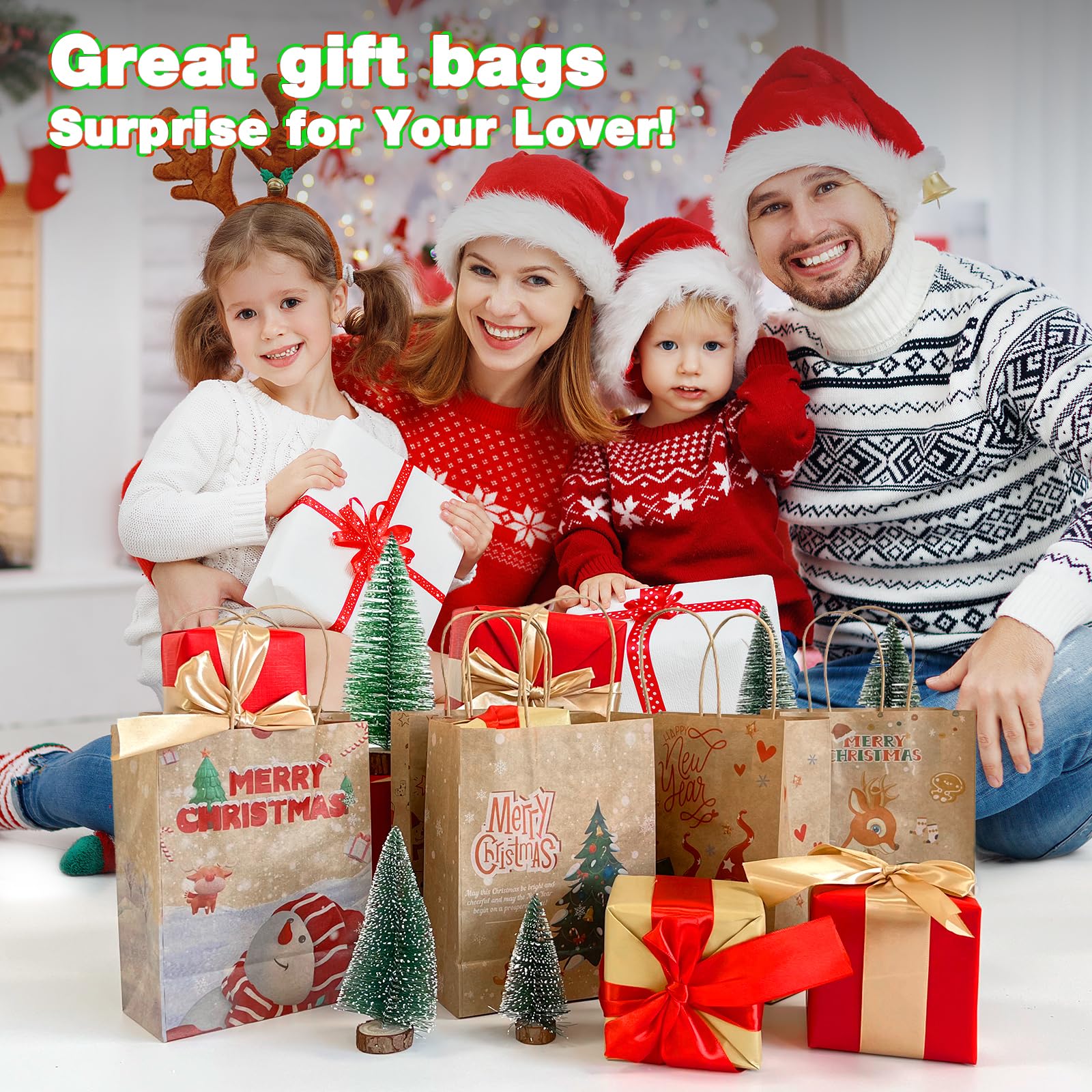24Pcs Christmas Kraft Gift Bags with Handles - Bulk Holiday Paper Gift Bags for Party Favors, Presents & Decorations - 6 Festive Designs for Christmas, Xmas Parties & Gift Wrapping (Medium Size)
