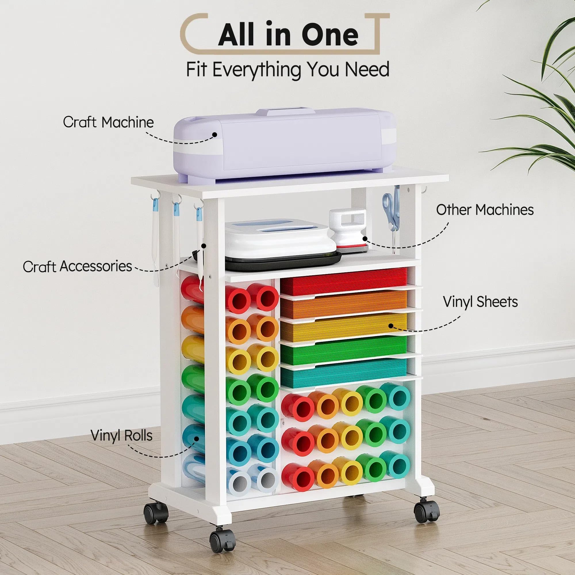 Cricut Compatible Craft Organizers and Storage - Rolling Cart with 29 Vinyl Roll Holders, Craft Table Organizer for Craft Room & Workstation - Compact & Removable Design - Perfect for DIY Projects, Scrapbooking & Home Office Organization