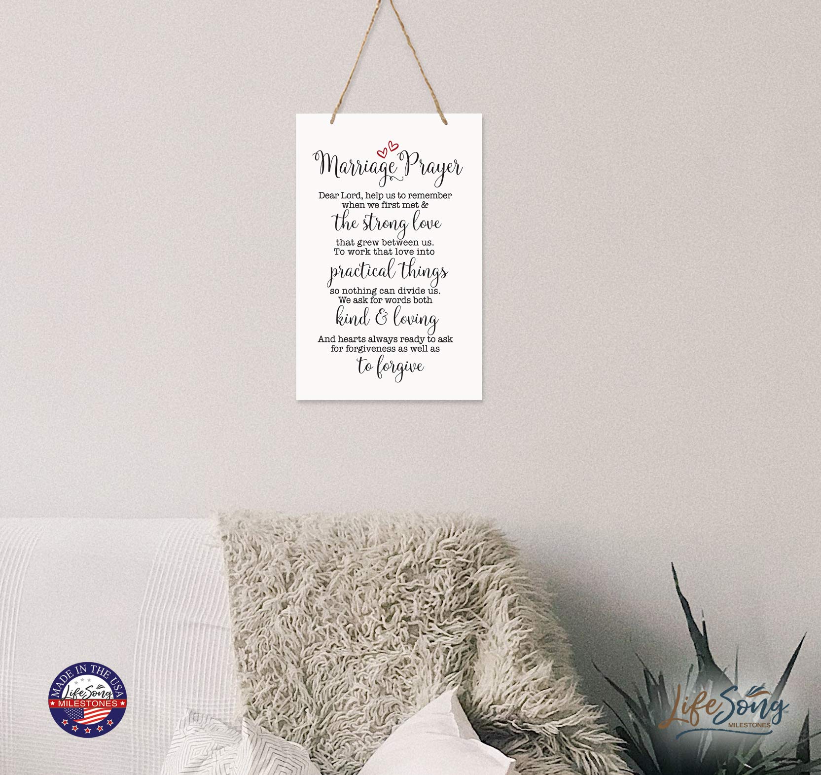 LifeSong Milestones Family Prayer Sign - 8x12 Inch Wooden Rope Wall Hanging Decor for Living Room, Bedroom - Inspirational Home Wall Art with Marriage Blessing - Perfect Housewarming Gift & Christian Wedding Decor